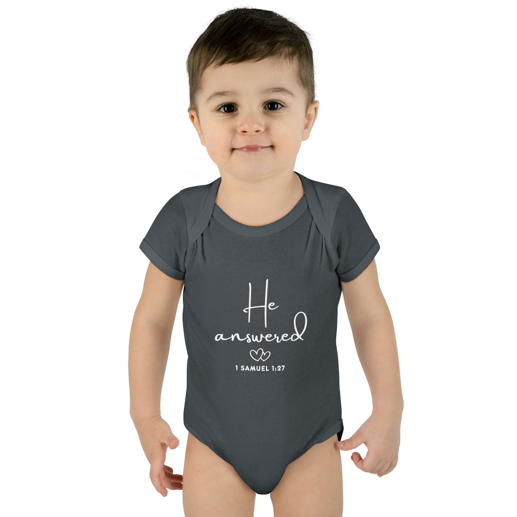 He Answered Infant Bodysuit | 1 Samuel 1:27 Scripture Baby Onesie