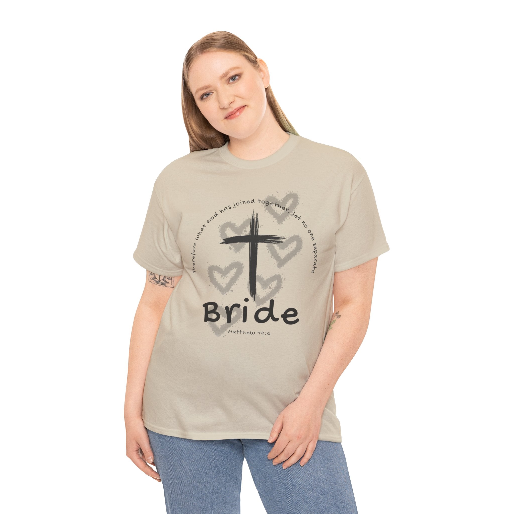 Bride T-Shirt — Christian Cross & Hearts Bridal Faith Tee - Christian - Matthew 19:6