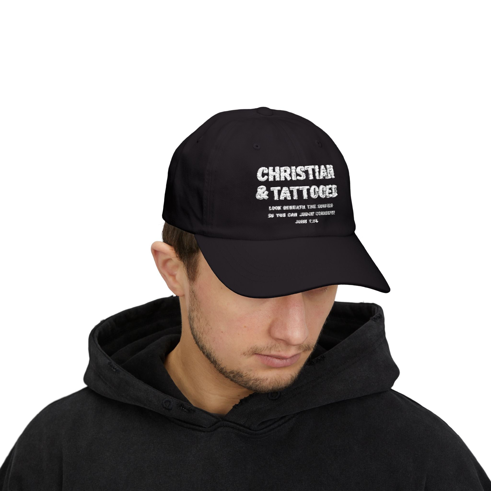 Embroidered Dad Cap — "Christian & Tattooed" Baseball Hat with John 1:8 Scripture