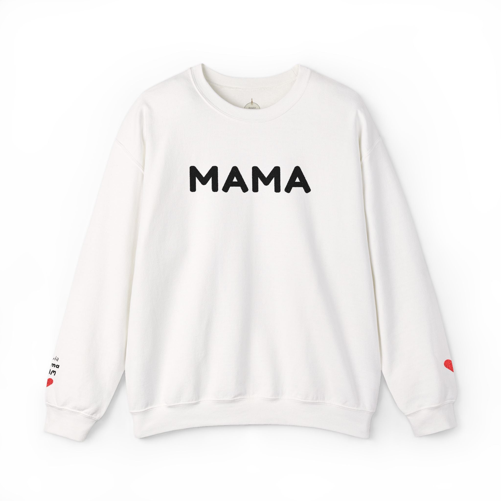 Embroidered - Personalized - Mama Crewneck Sweatshirt — Cozy Mother's Day Pullover with Heart Sleeve Detail