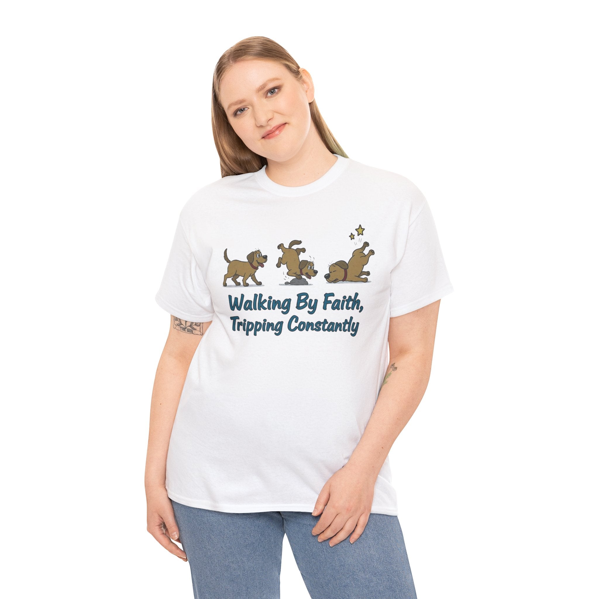 Faith Dog T-Shirt — "Walking By Faith, Tripping Constantly" Cute Christian Tee