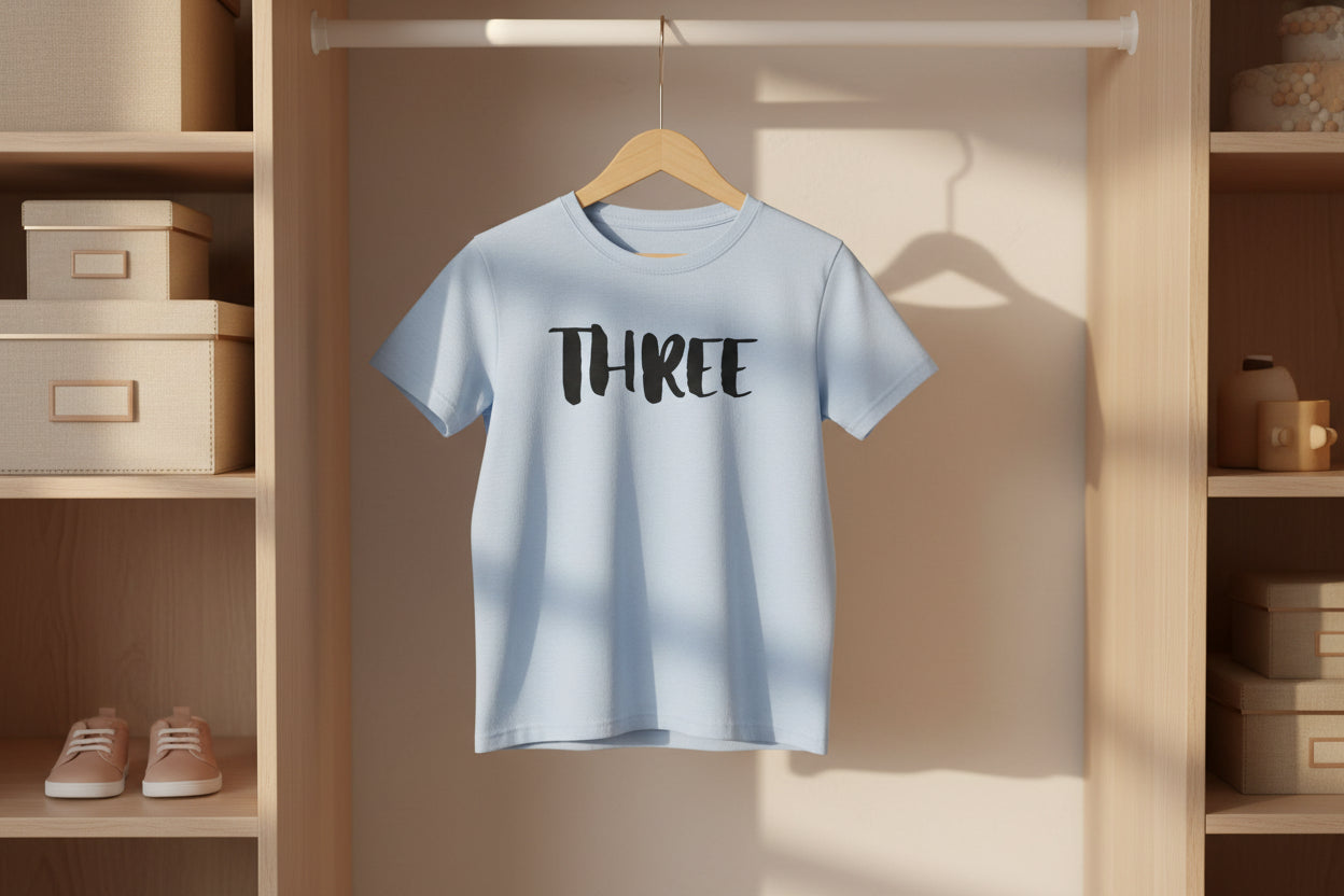 Kids Tee — "Three" Birthday Shirt, 3rd Birthday Toddler T‑Shirt