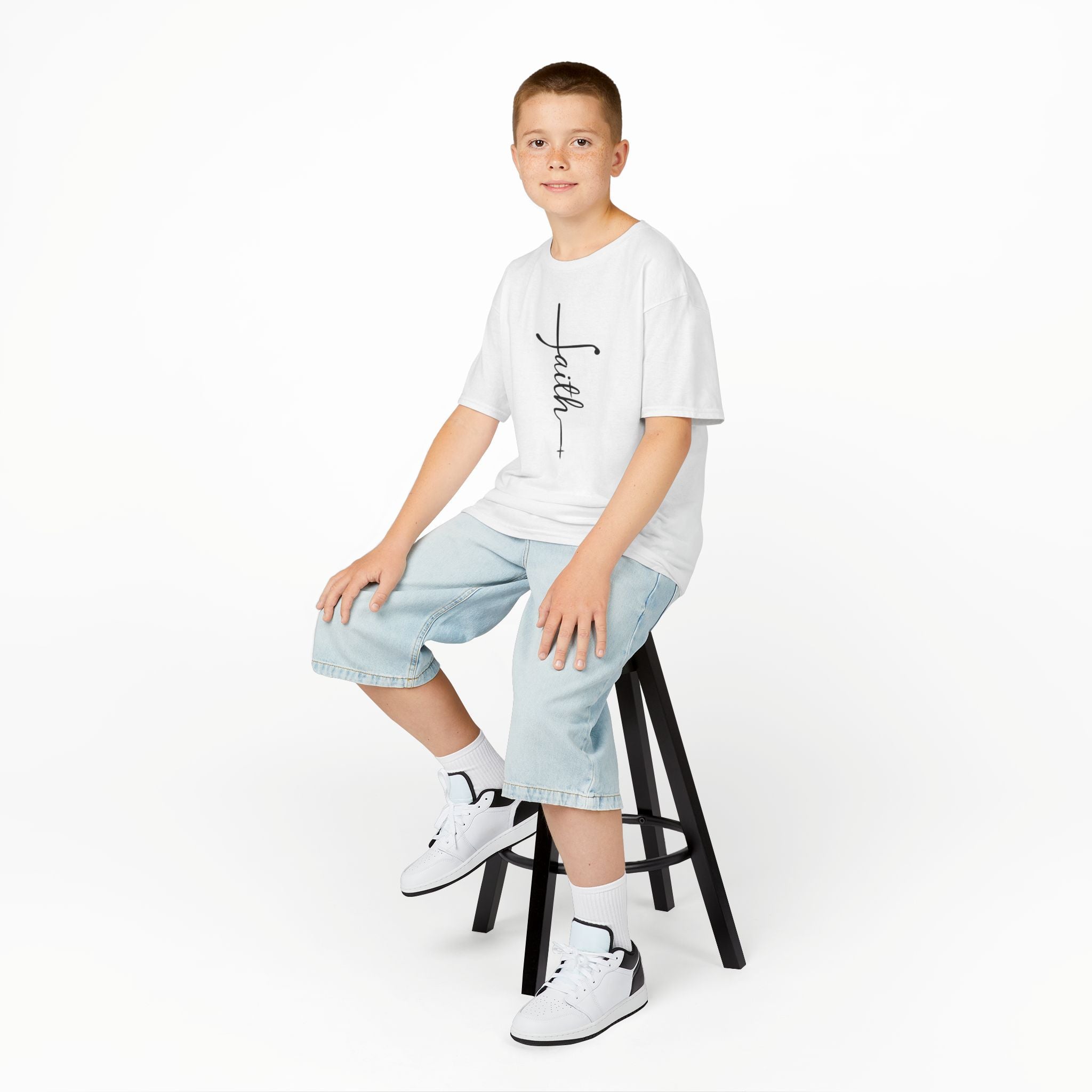 Kids Tee — Vertical "faith" Cross Script Graphic