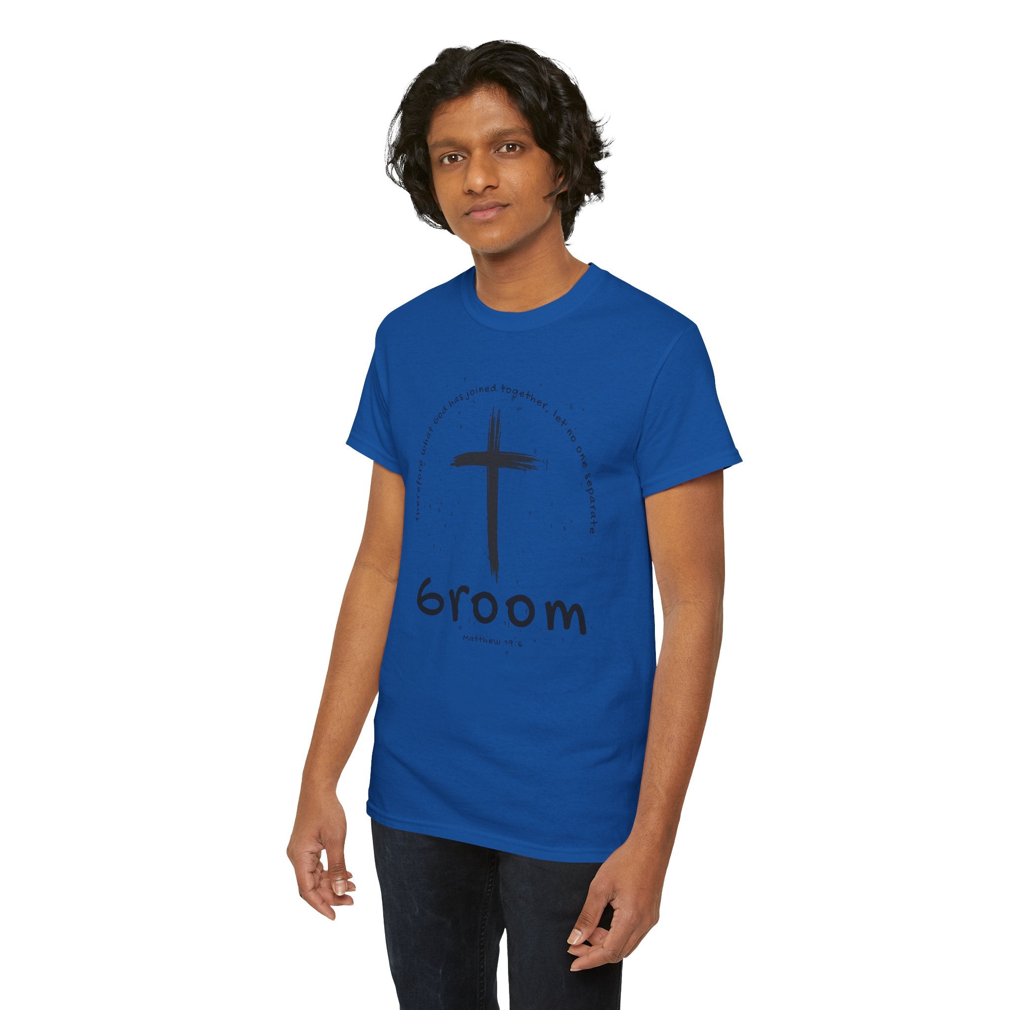 Groom Cross Tee — Christian Wedding Groom T-Shirt (Scripture Verse Design) - Christian - Matthew 19:6