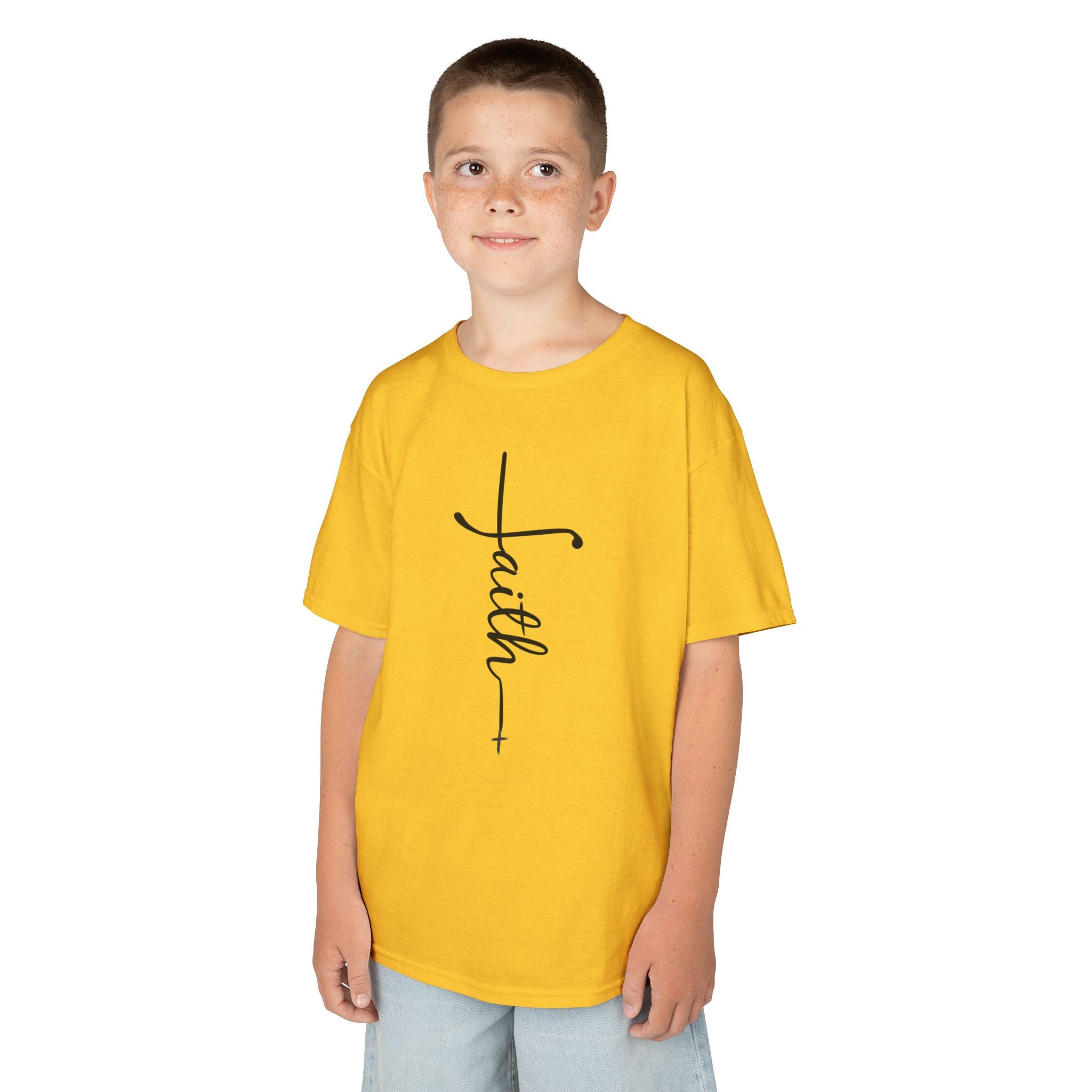 Kids Tee — Vertical "faith" Cross Script Graphic