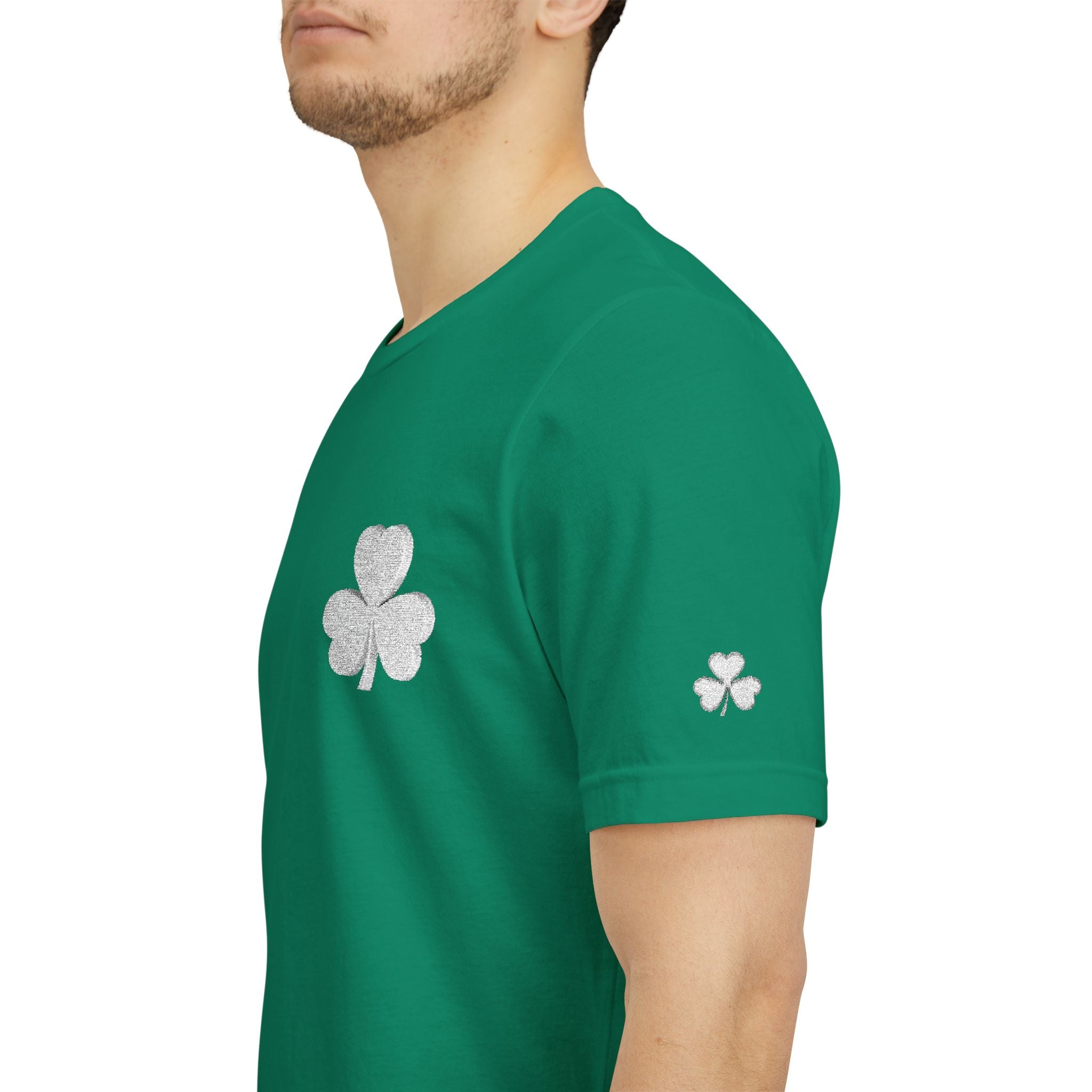 Embroidered Shamrock Pocket Tee — Distressed Lucky Clover T-Shirt