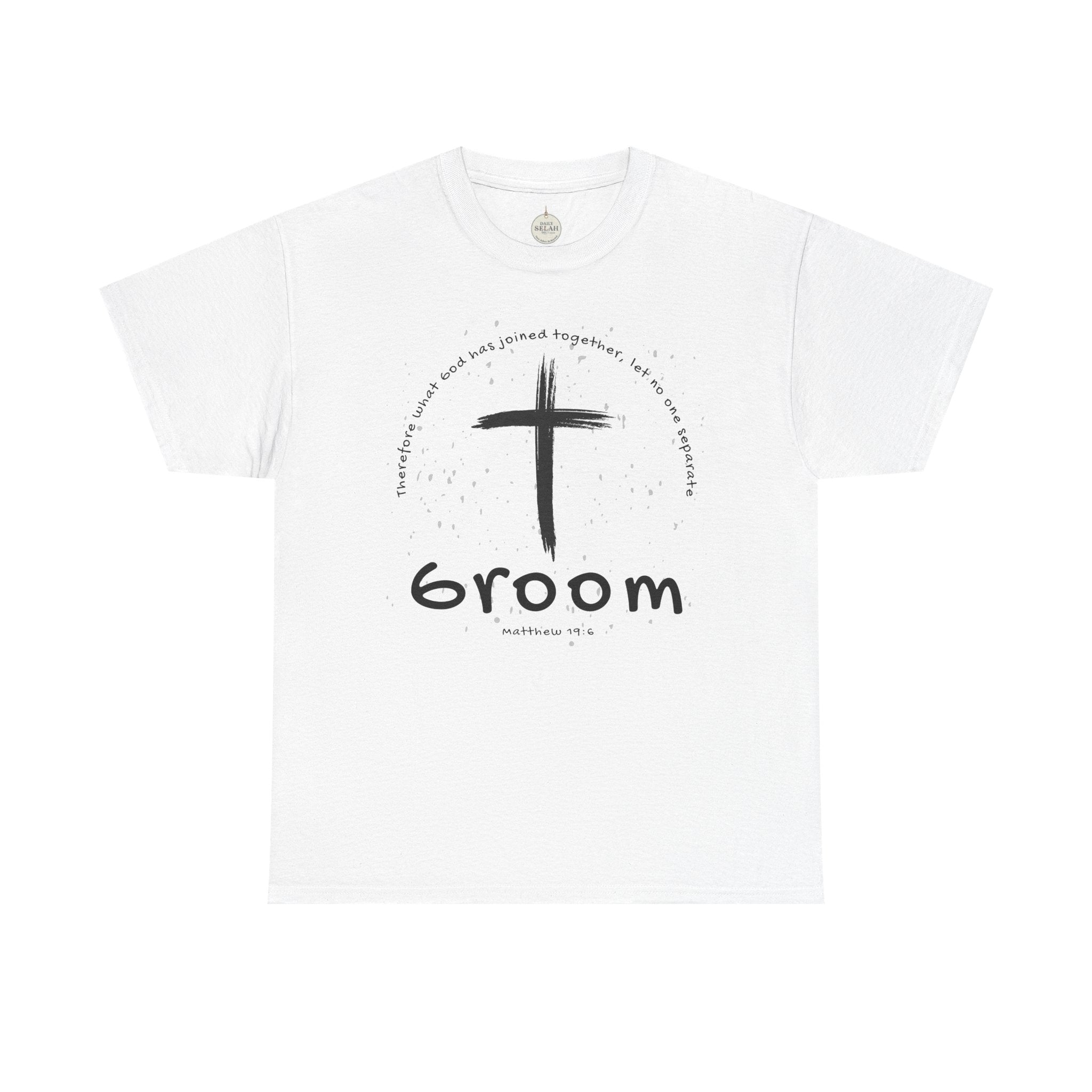 Groom Cross Tee — Christian Wedding Groom T-Shirt (Scripture Verse Design) - Christian - Matthew 19:6