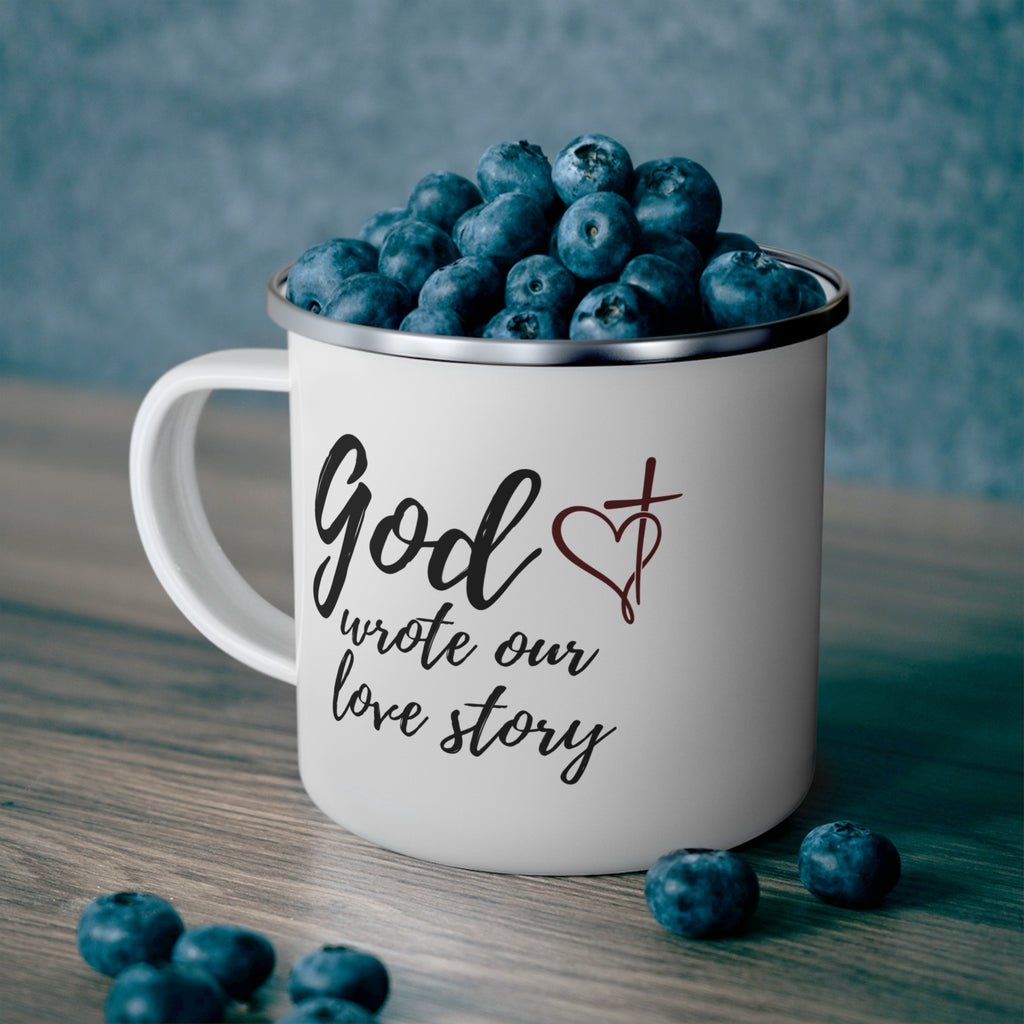 Enamel Mug — "God Wrote Our Love Story" Christian Camping Coffee Cup