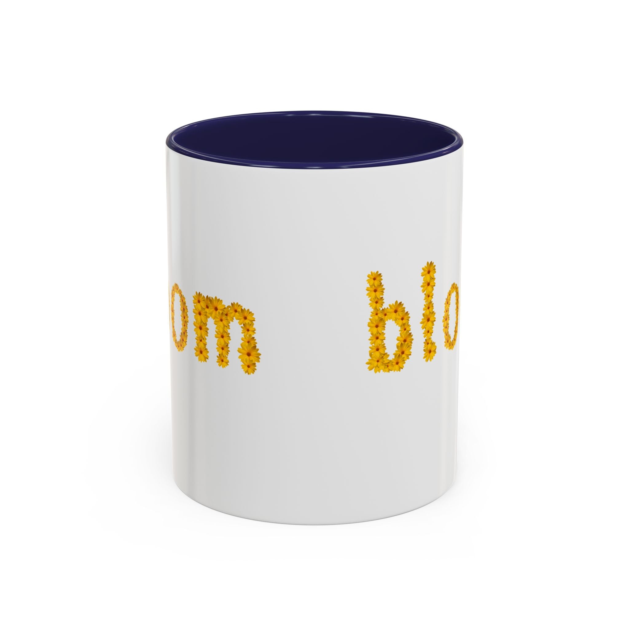 "bloom" floral text Coffee Mug | sunflower petal typography, white & black accent