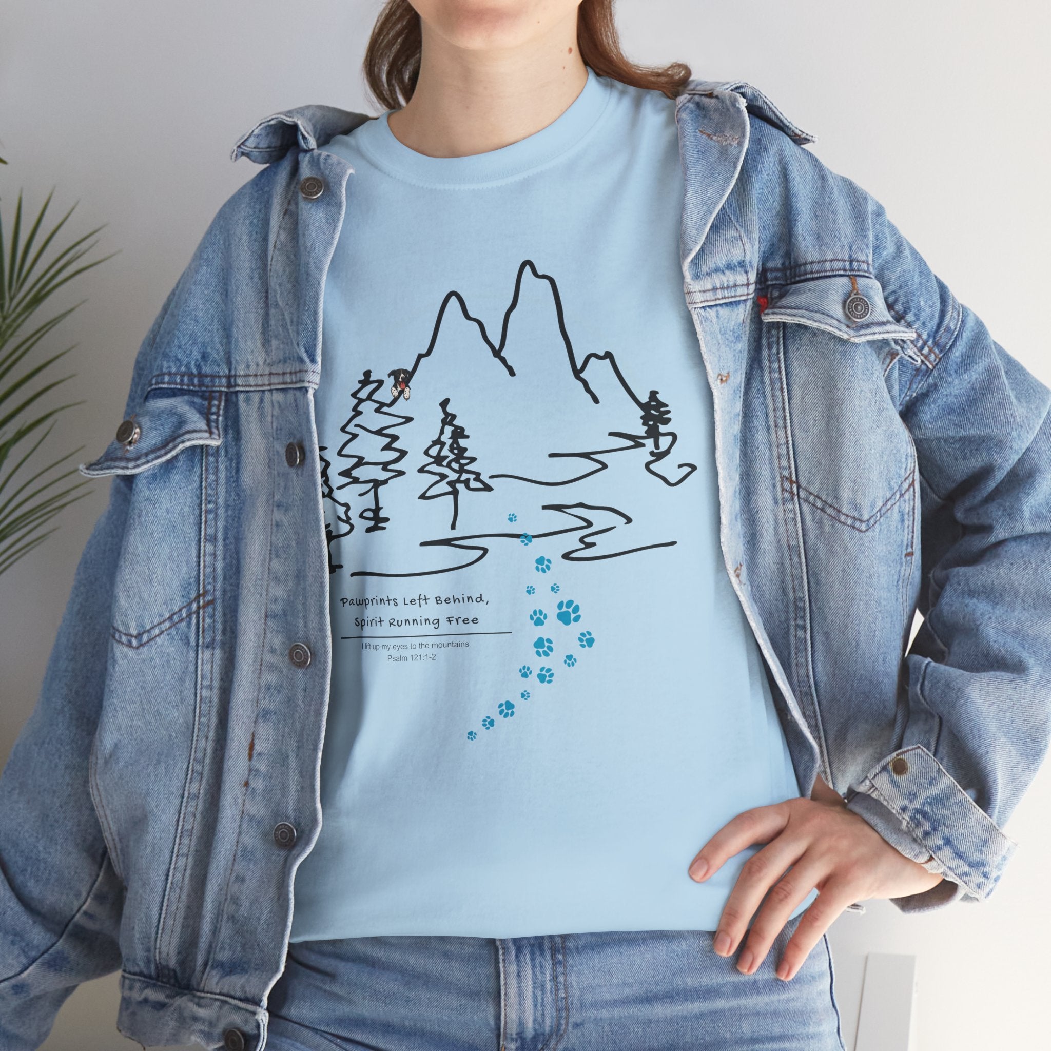 Rainbow Bridge T‑Shirt — Minimal Line Art Nature Tee with 'Follow the Dog Prints' Design Psalms 121