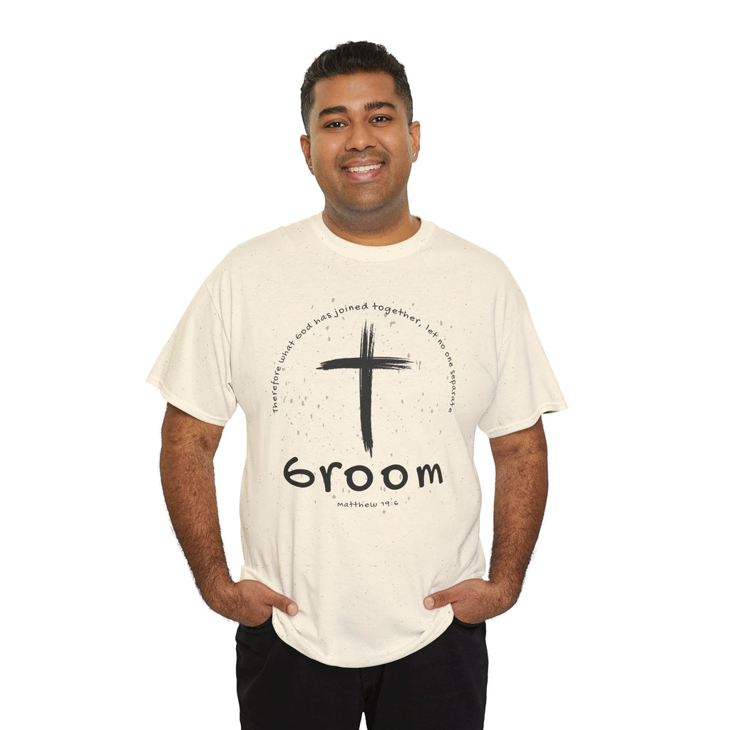 Groom Cross Tee — Christian Wedding Groom T-Shirt (Scripture Verse Design) - Christian - Matthew 19:6