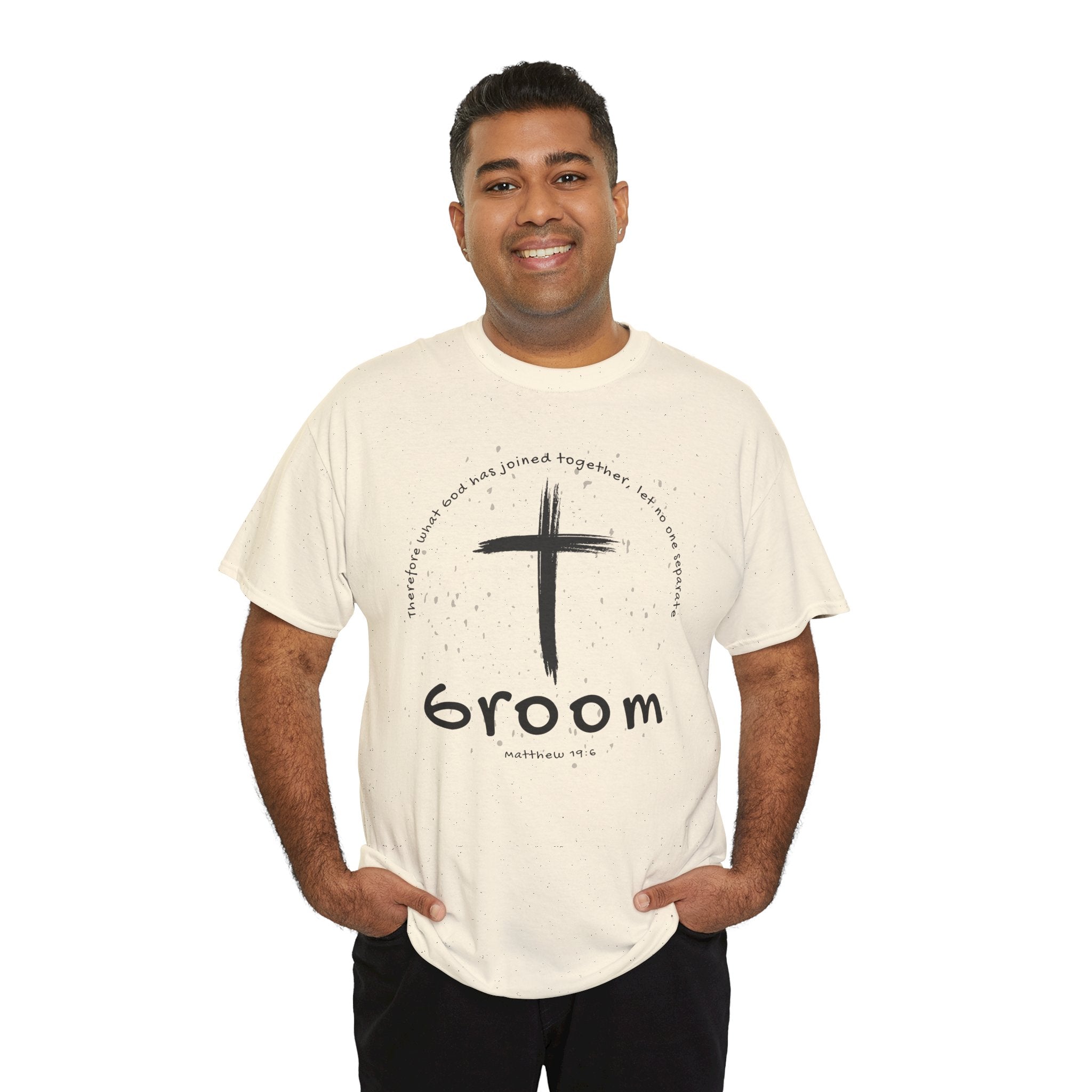Groom Cross Tee — Christian Wedding Groom T-Shirt (Scripture Verse Design) - Christian - Matthew 19:6