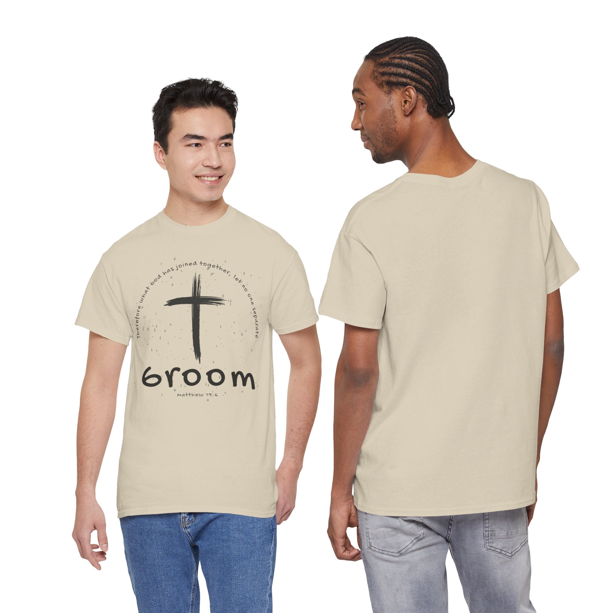 Groom Cross Tee — Christian Wedding Groom T-Shirt (Scripture Verse Design) - Christian - Matthew 19:6