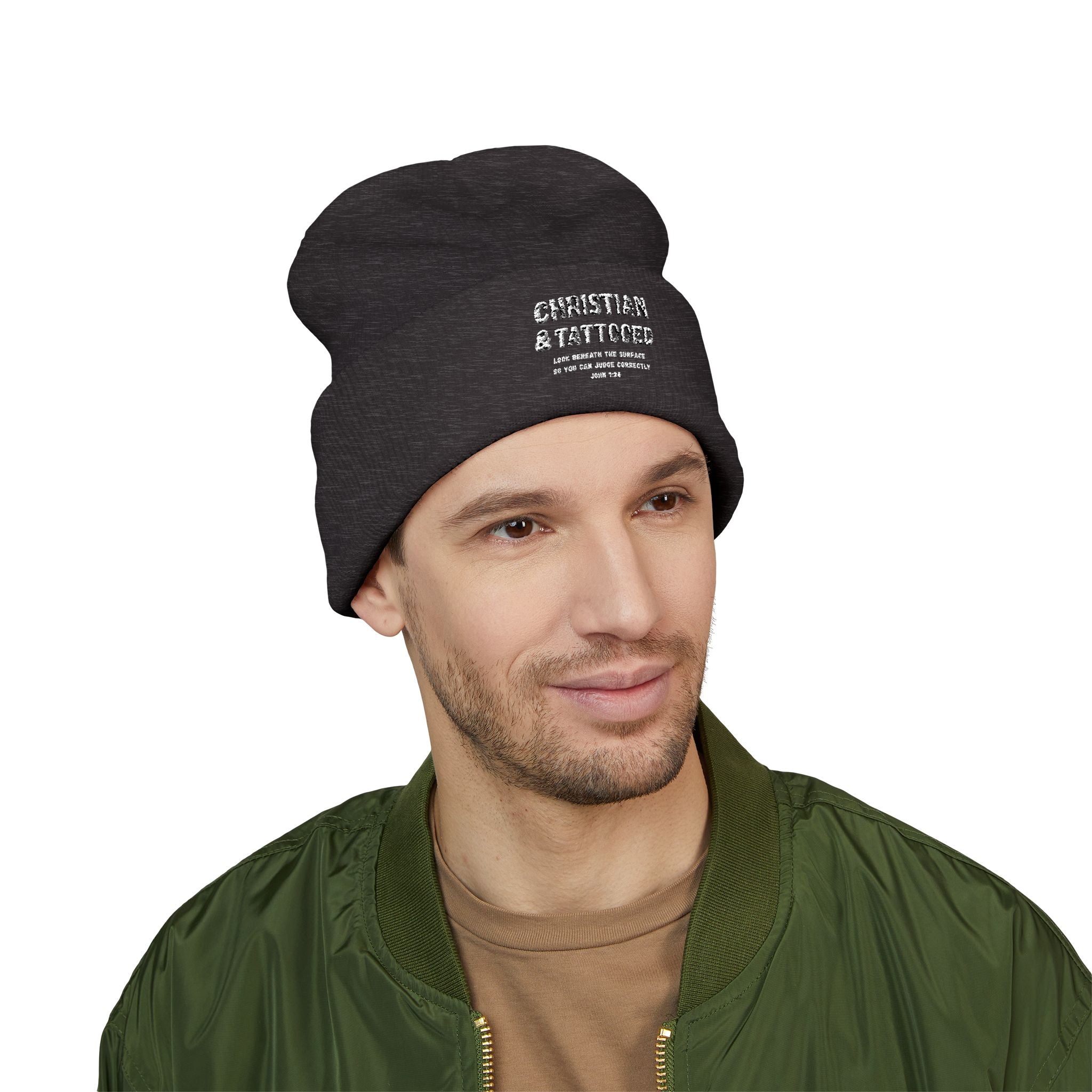Embroidered 'Christian & Tattooed' Cuffed Beanie  Knit Winter Hat
