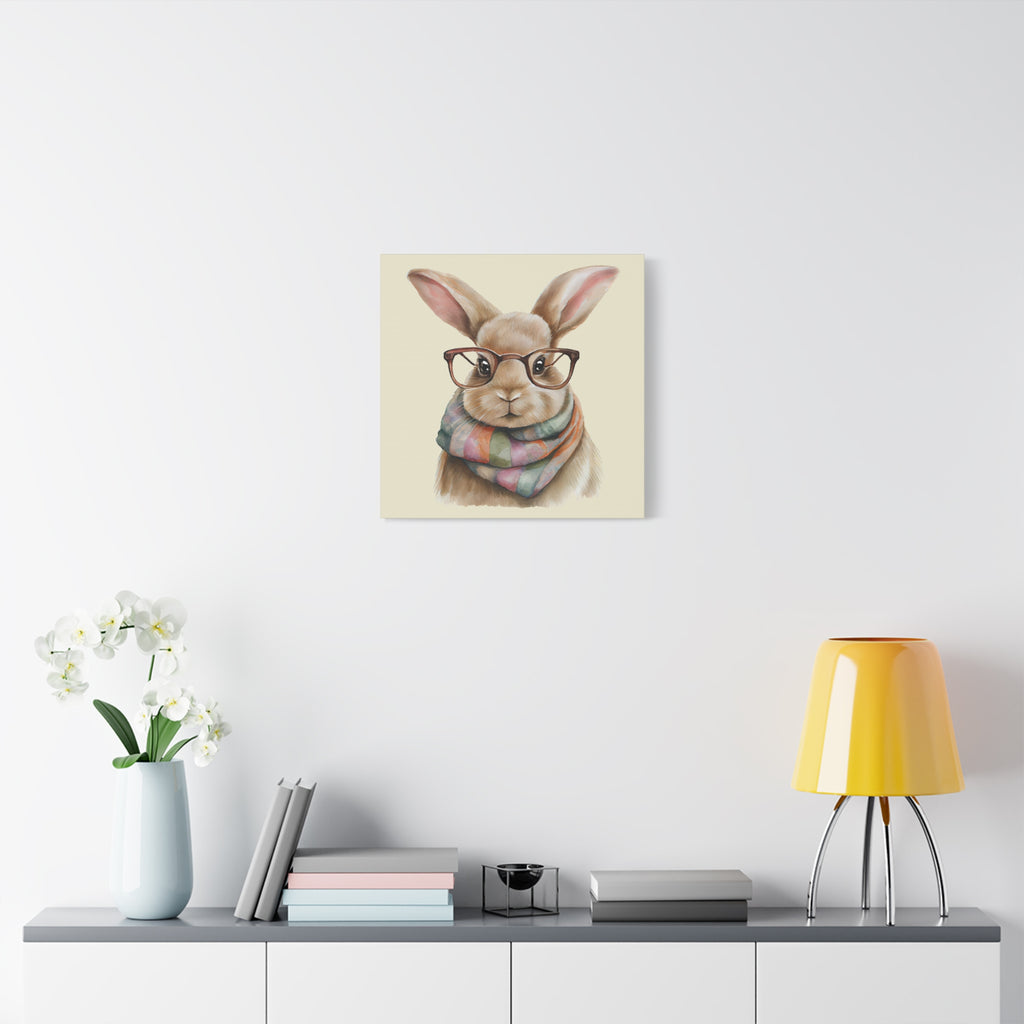 Hipster Bunny Canvas Art – Bunny with Glasses & Colorful Scarf Matte Stretched Wall Decor