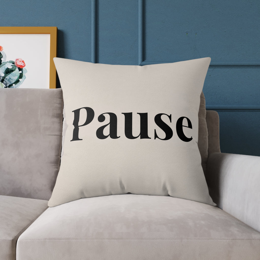 Pause Square Pillow – Minimalist Faith Inspired Neutral Canvas Throw Pillow with 'Pause' Typography