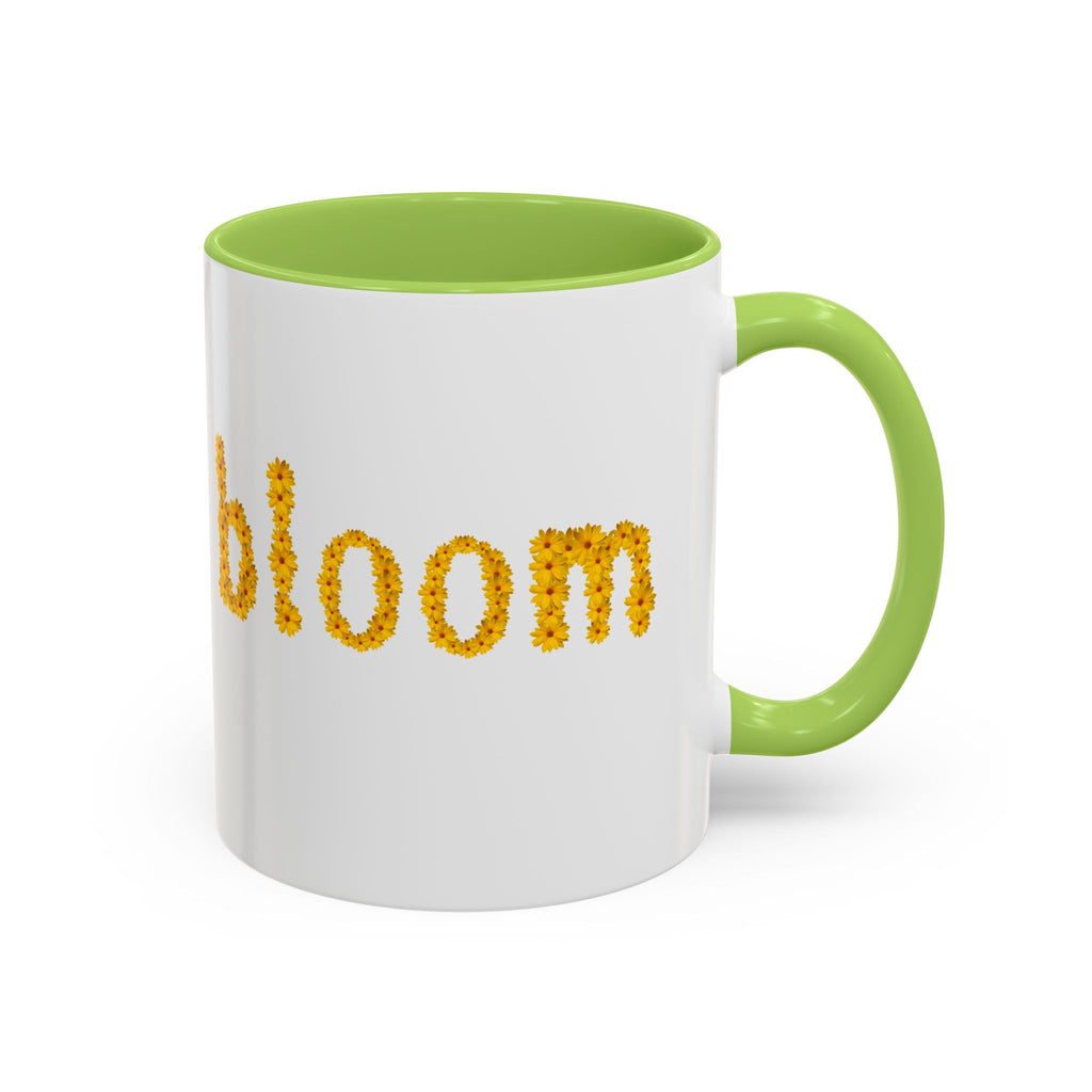 "bloom" floral text Coffee Mug | sunflower petal typography, white & black accent