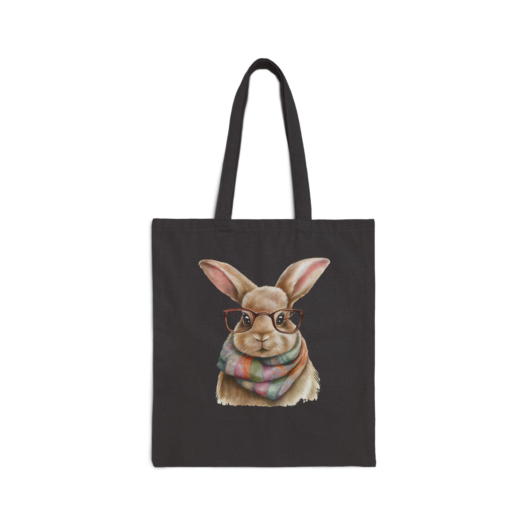 Canvas Tote Bag — Cute Bunny with Glasses & Plaid Scarf | Eco-Friendly Grocery, Book & Gift Tote