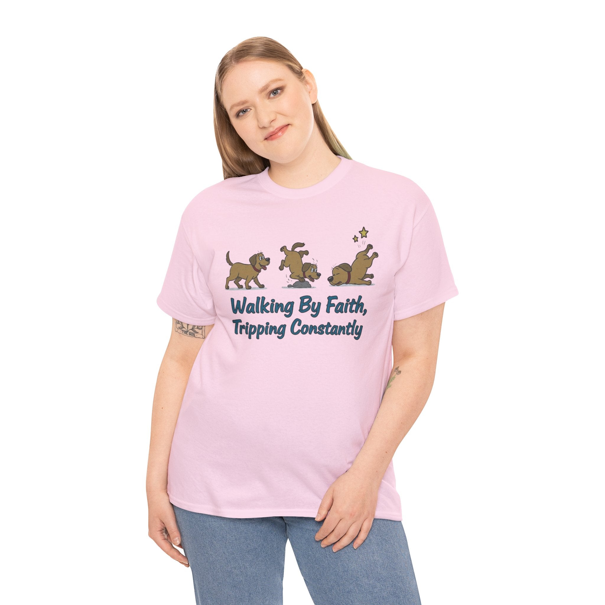 Faith Dog T-Shirt — "Walking By Faith, Tripping Constantly" Cute Christian Tee