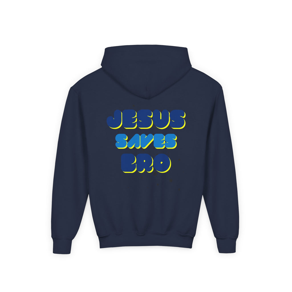 Youth Hoodie — "Jesus Saves Bro" Christian Graphic Pullover