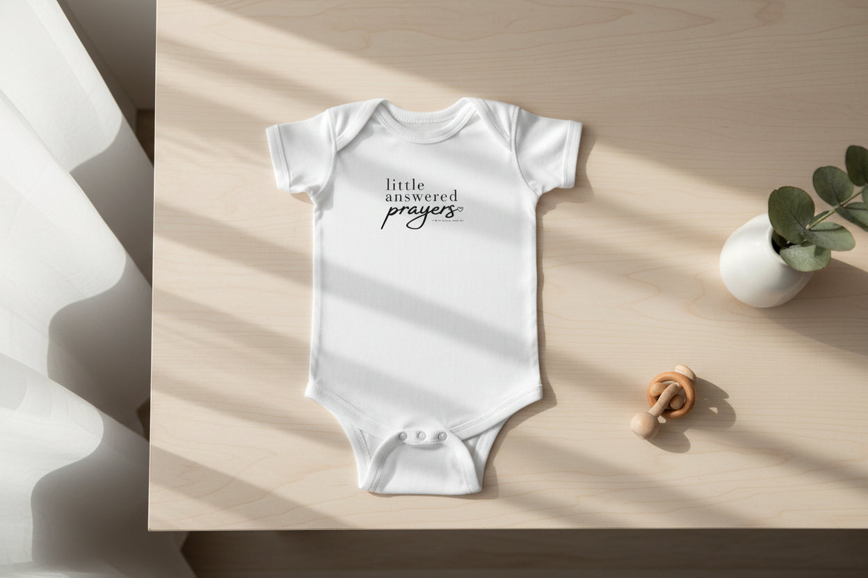 Infant Bodysuit "Little Answered Prayers" – Baby Onesie, Religious Newborn Gift