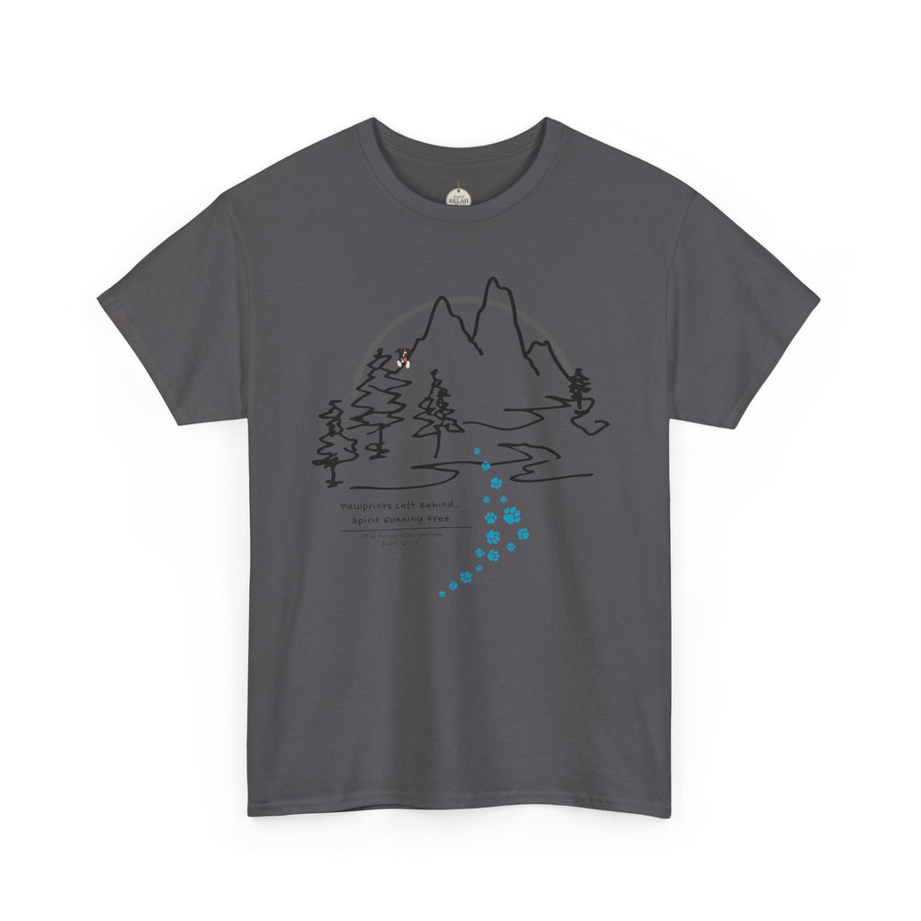 Rainbow Bridge T‑Shirt — Minimal Line Art Nature Tee with 'Follow the Dog Prints' Design Psalms 121