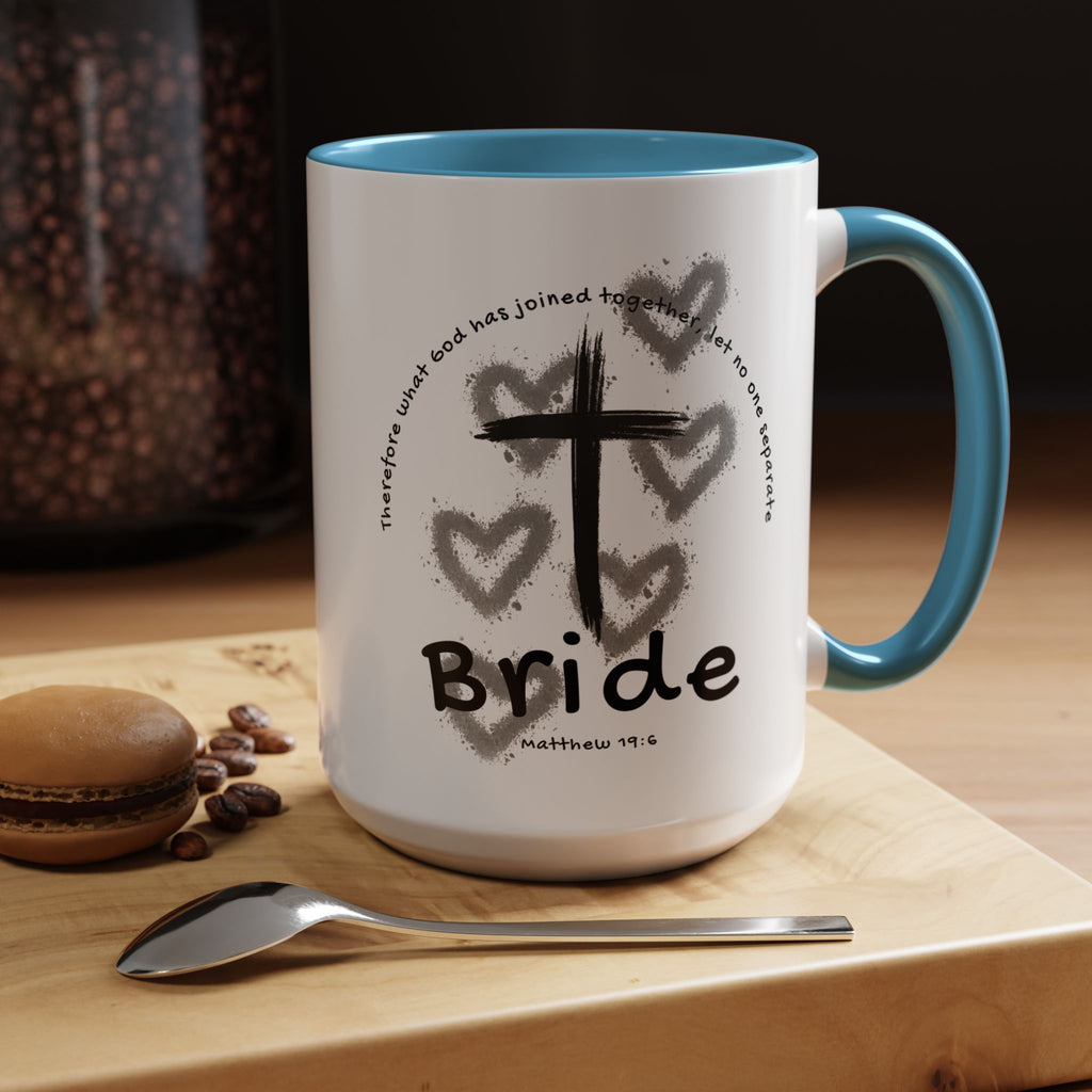 Bride Coffee Mug — Christian Cross & Hearts Accent Mug (Matthew 19:6)
