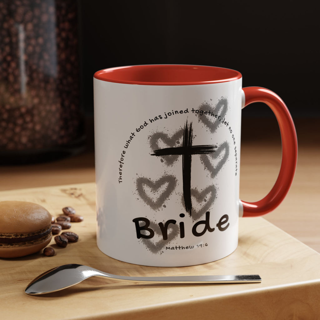Bride Coffee Mug — Christian Cross & Hearts Accent Mug (Matthew 19:6)