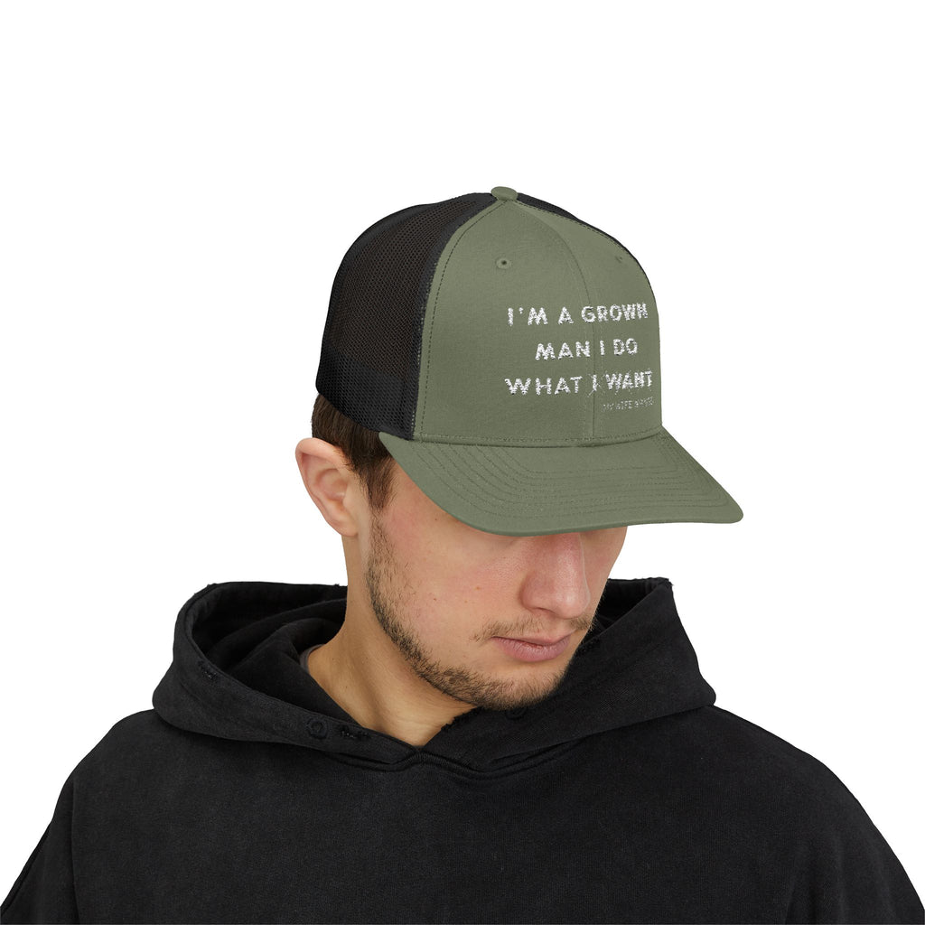 Adult Attitude Snapback Trucker Cap – “I'm a Grown Man I Do What I Want - My Wife Wants” Mesh Hat