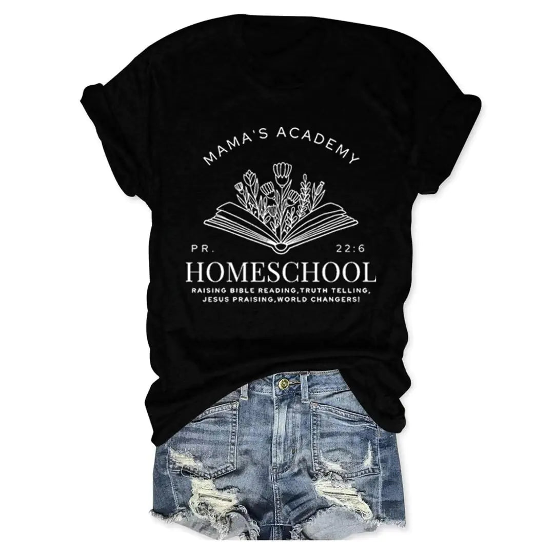 Homeschool Mama Shirt Women Mamas Academy Bible Verse Short Sleeve Graphic Tees Christian T-Shirt Mothers Day Tops Black