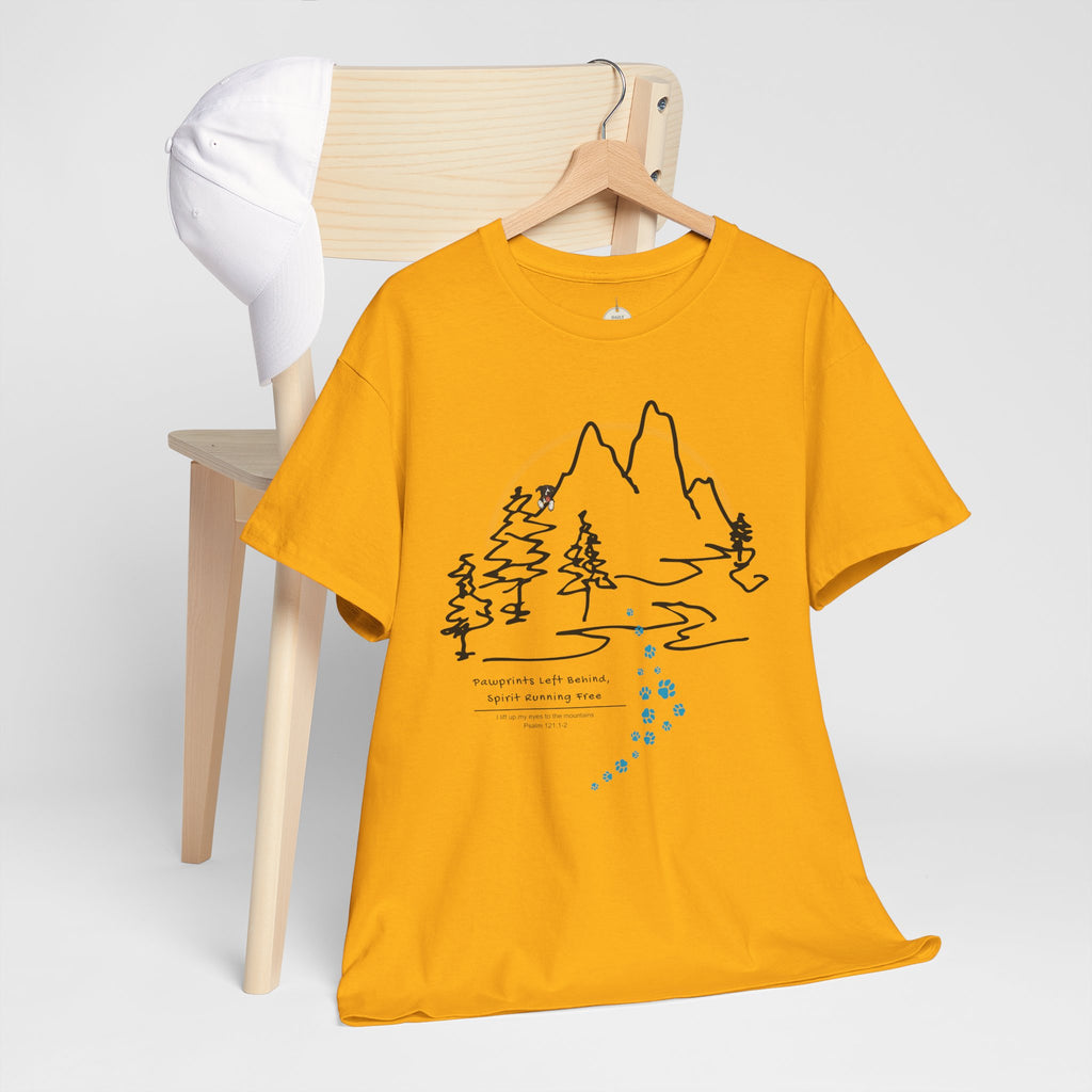 Rainbow Bridge T‑Shirt — Minimal Line Art Nature Tee with 'Follow the Dog Prints' Design Psalms 121