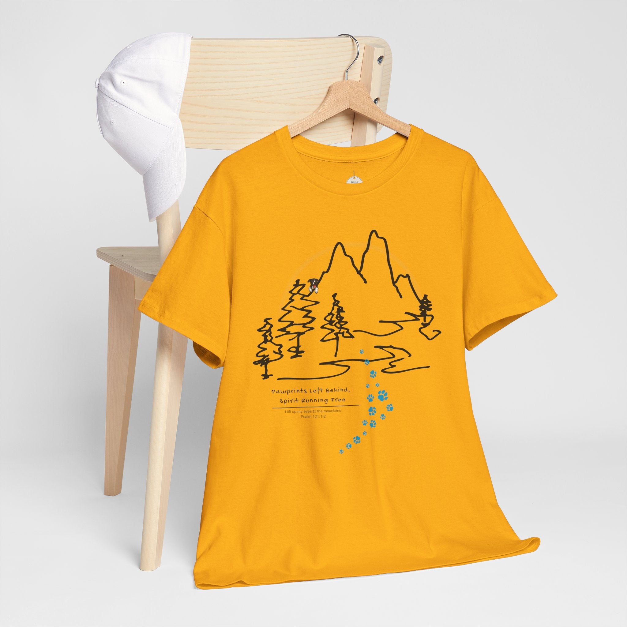 Rainbow Bridge T‑Shirt — Minimal Line Art Nature Tee with 'Follow the Dog Prints' Design Psalms 121