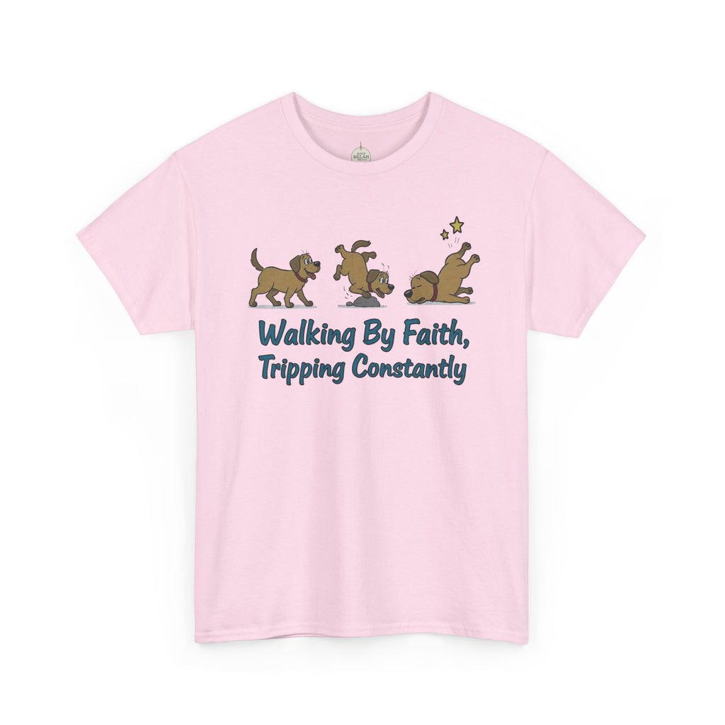 Faith Dog T-Shirt — "Walking By Faith, Tripping Constantly" Cute Christian Tee