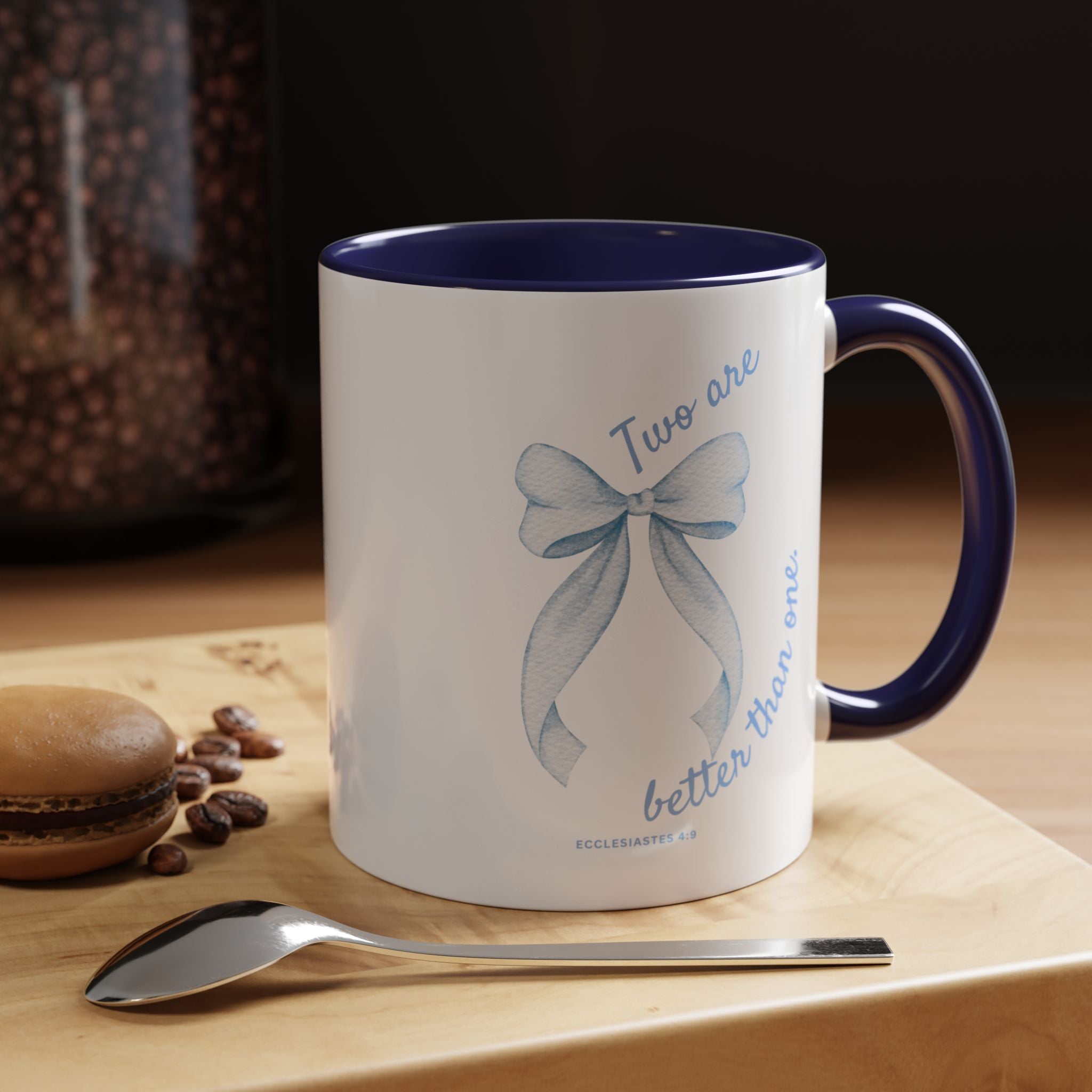 Accent Coffee Mug - "Two are better than one" Blue Ribbon Ceramic Mug Christian Wedding