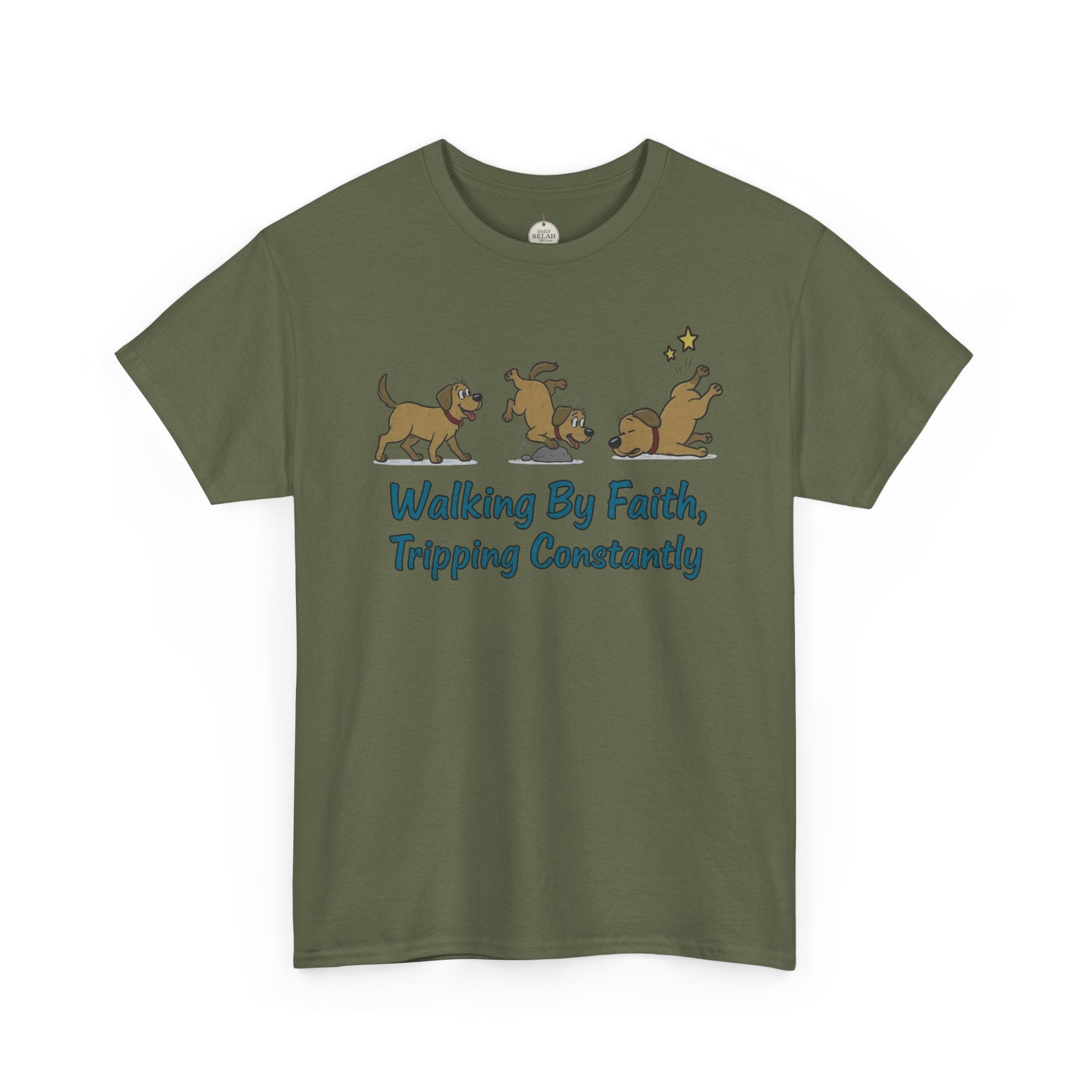 Faith Dog T-Shirt — "Walking By Faith, Tripping Constantly" Cute Christian Tee