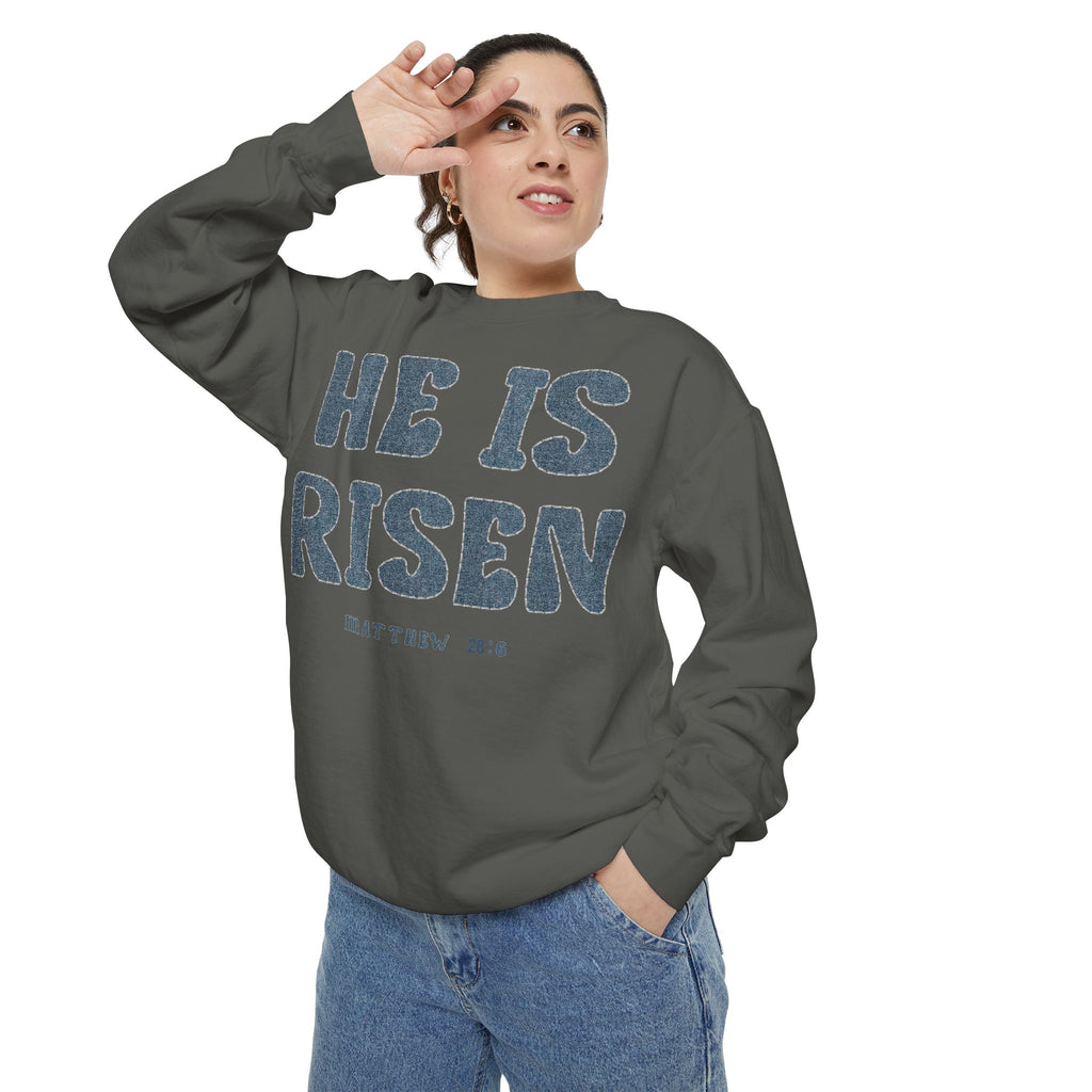 Comfort Colors - He Is Risen Sweatshirt — Christian Easter Pullover (Matthew 28:6)