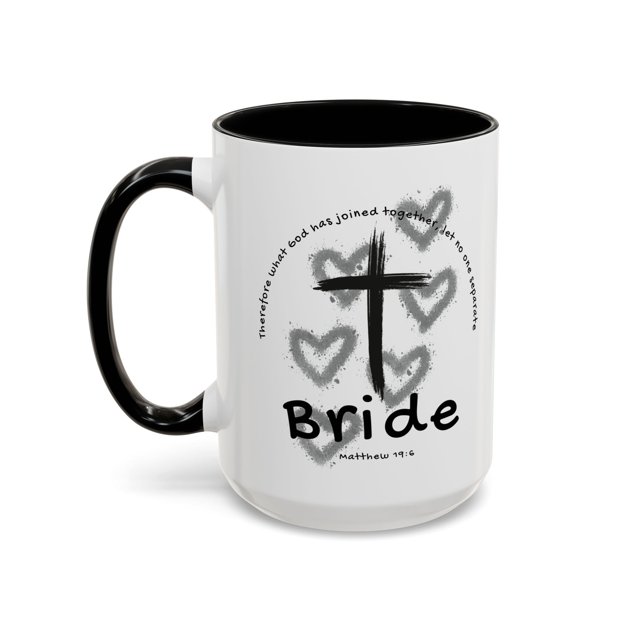 Bride Coffee Mug — Christian Cross & Hearts Accent Mug (Matthew 19:6)