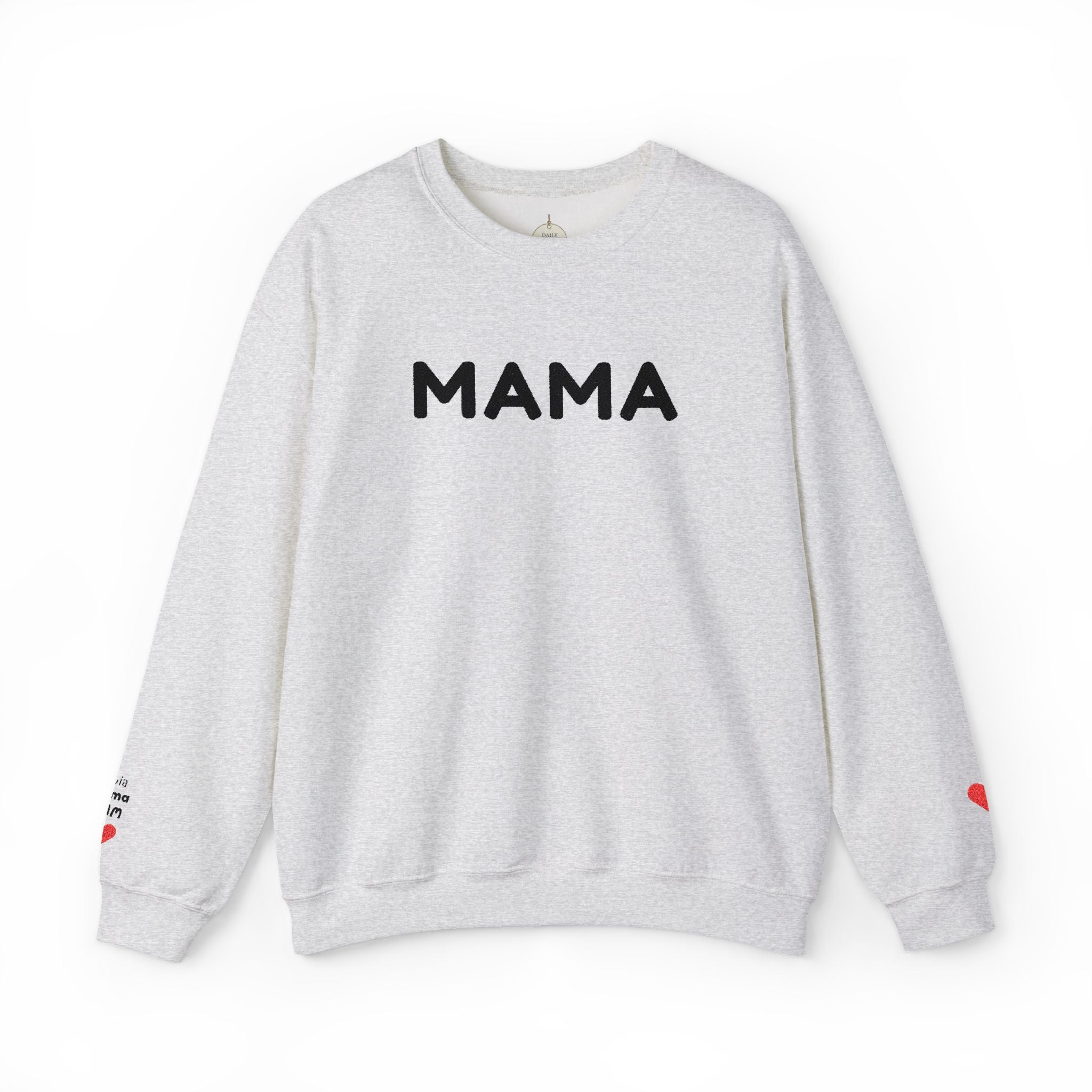 Embroidered - Personalized - Mama Crewneck Sweatshirt — Cozy Mother's Day Pullover with Heart Sleeve Detail