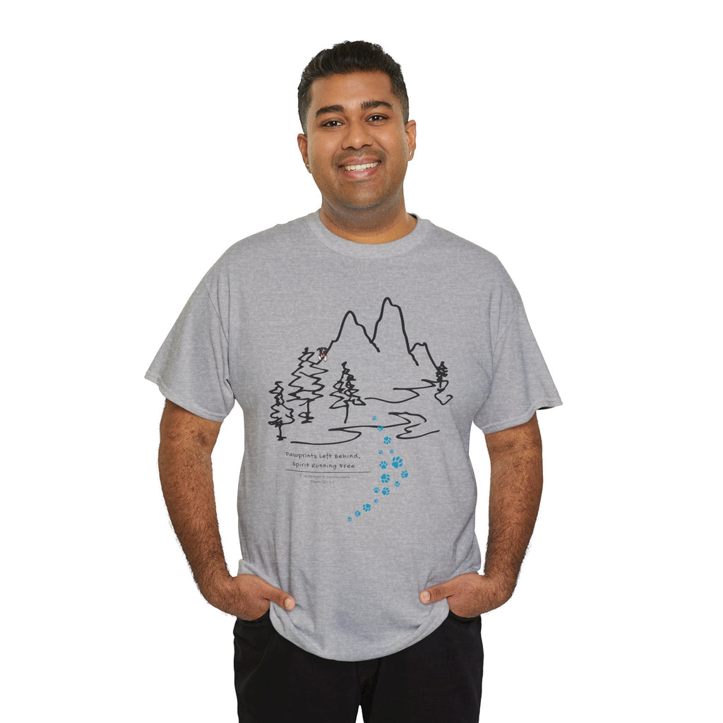 Rainbow Bridge T‑Shirt — Minimal Line Art Nature Tee with 'Follow the Dog Prints' Design Psalms 121