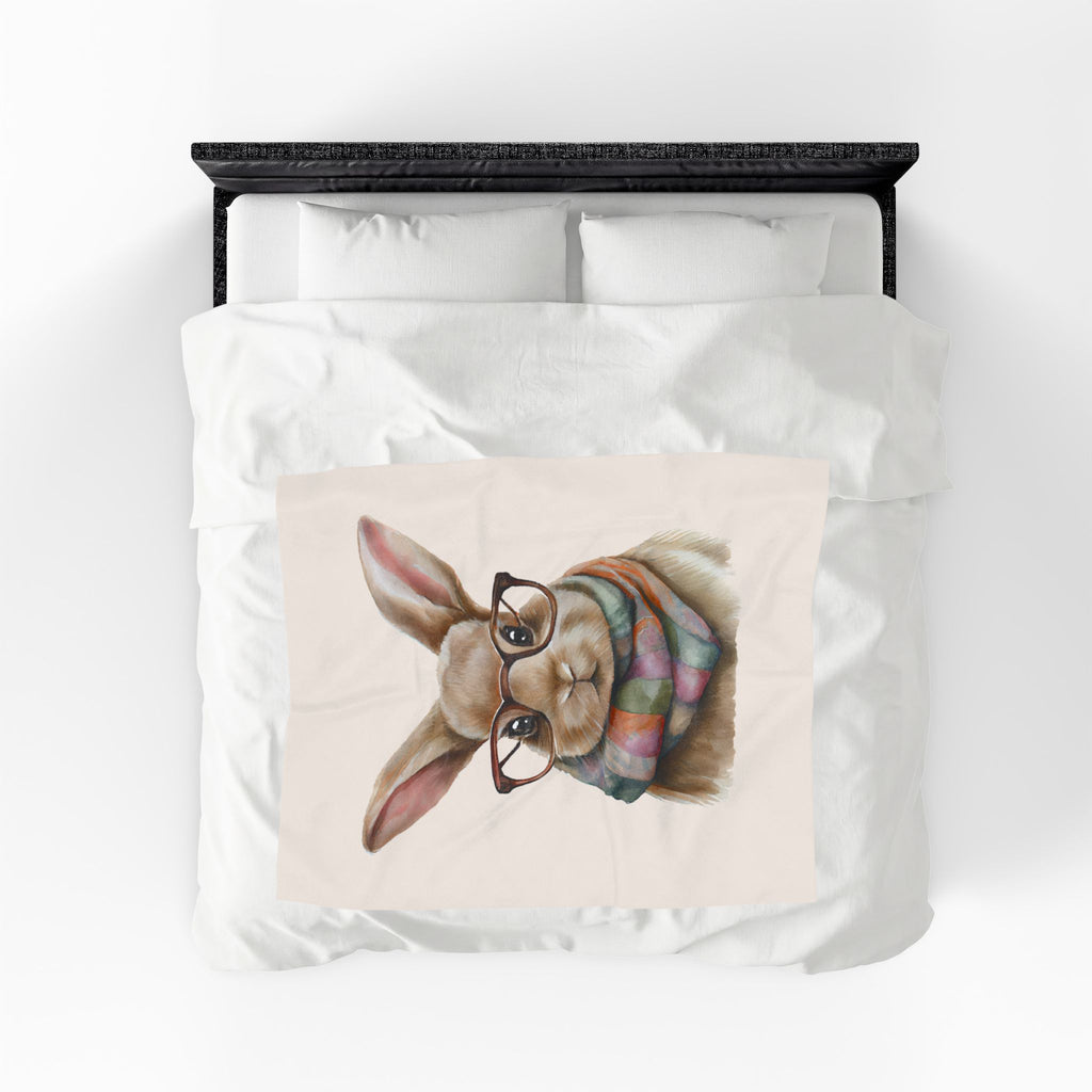 Cute Bunny with Glasses Velveteen Plush Blanket – Cozy Rabbit Scarf Throw