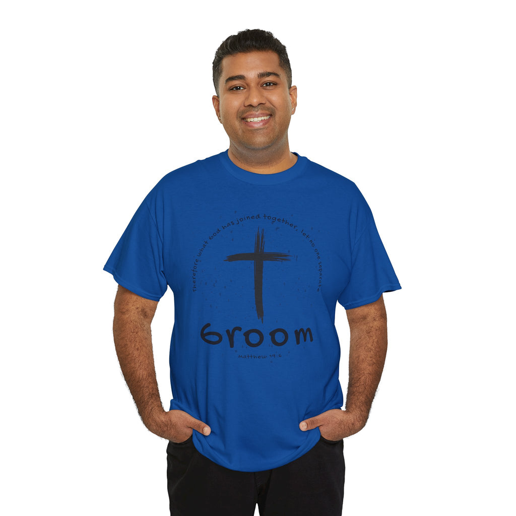 Groom Cross Tee — Christian Wedding Groom T-Shirt (Scripture Verse Design) - Christian - Matthew 19:6