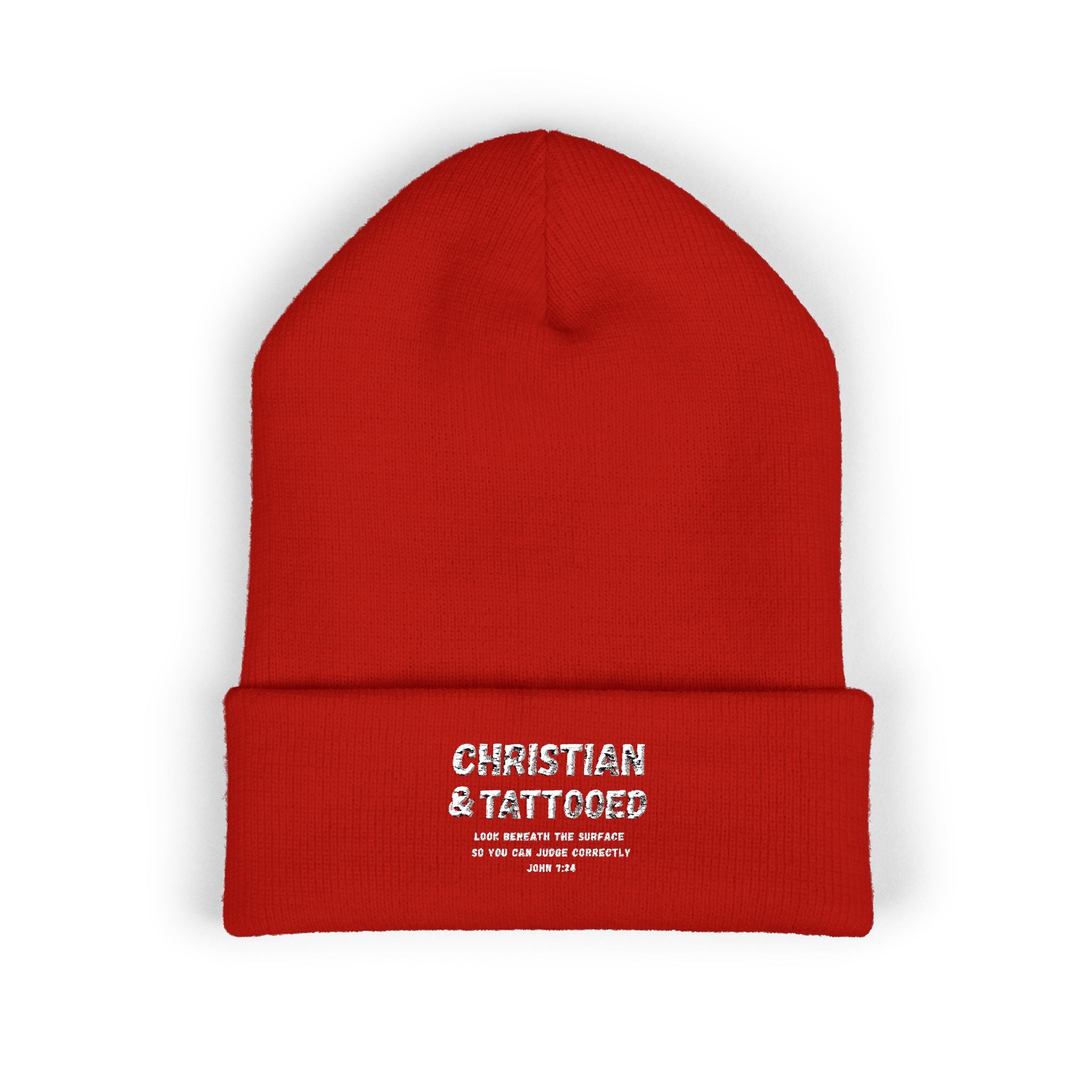 Embroidered 'Christian & Tattooed' Cuffed Beanie  Knit Winter Hat