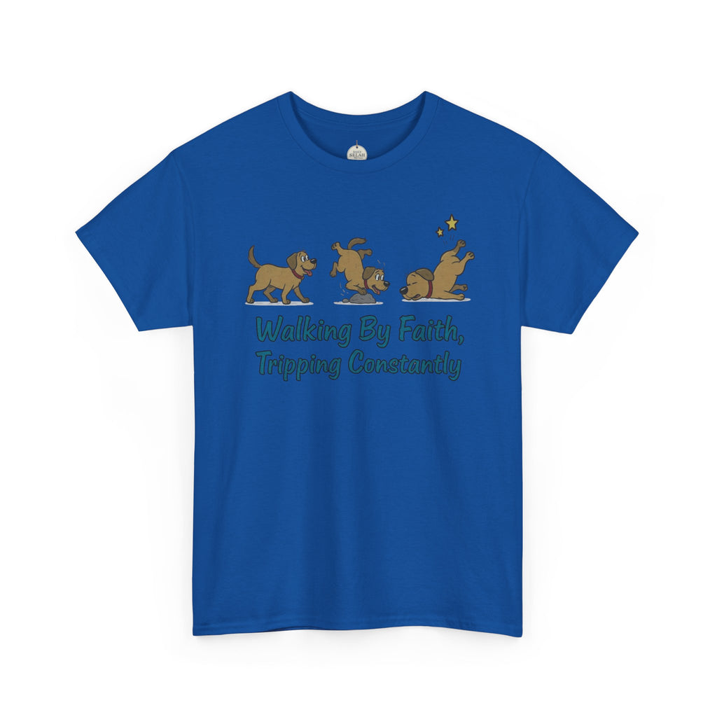 Faith Dog T-Shirt — "Walking By Faith, Tripping Constantly" Cute Christian Tee