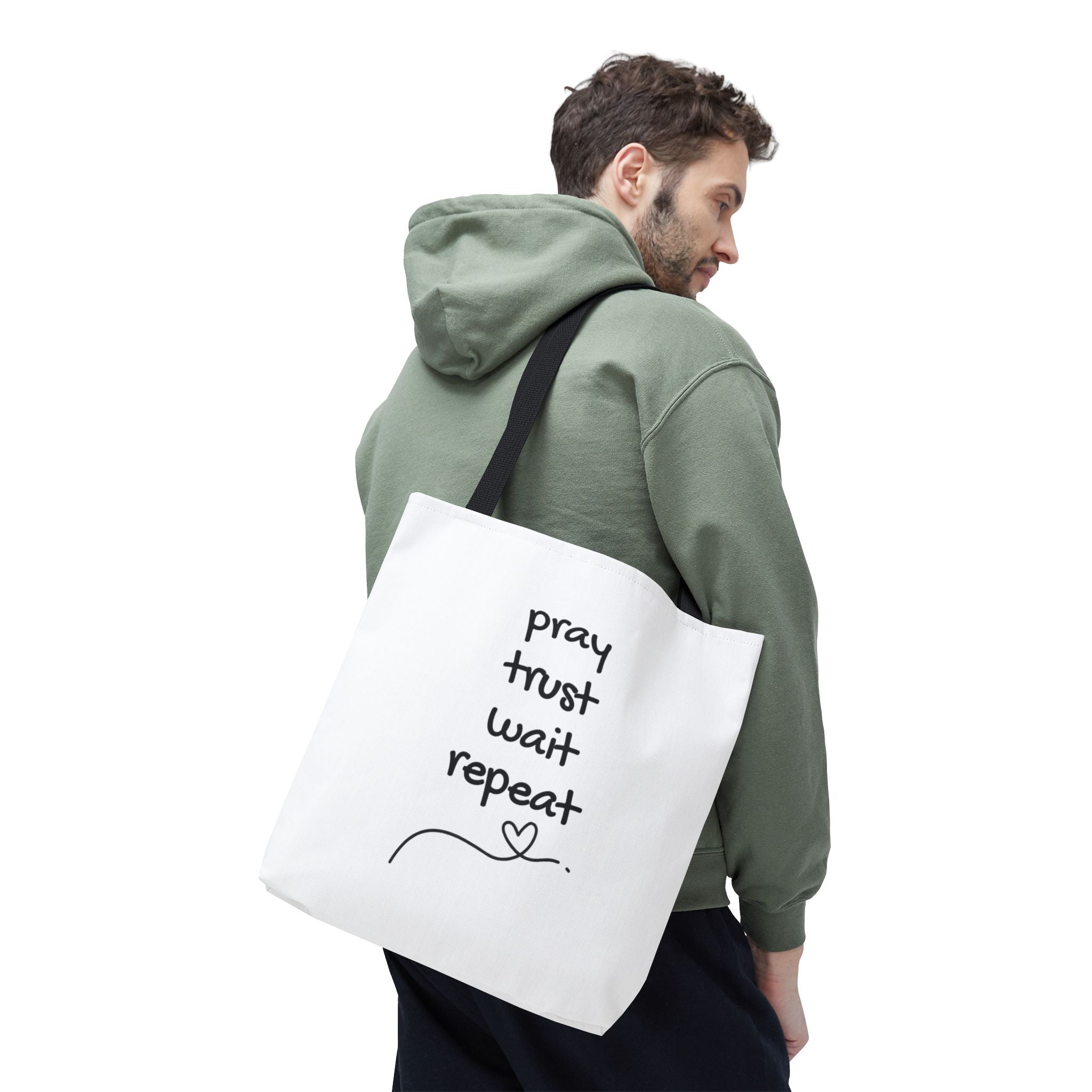 Pray Trust Wait Repeat Tote Bag — Inspirational Faith Canvas Tote