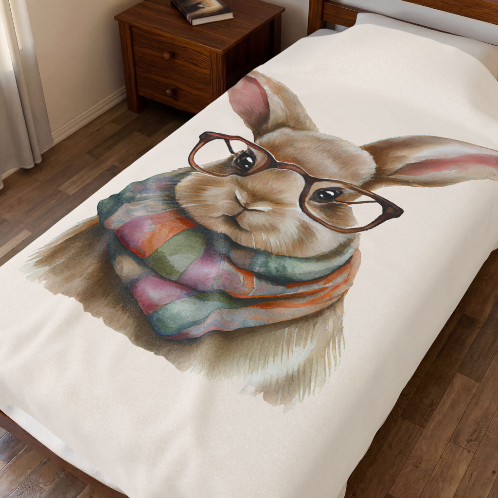 Cute Bunny with Glasses Velveteen Plush Blanket – Cozy Rabbit Scarf Throw