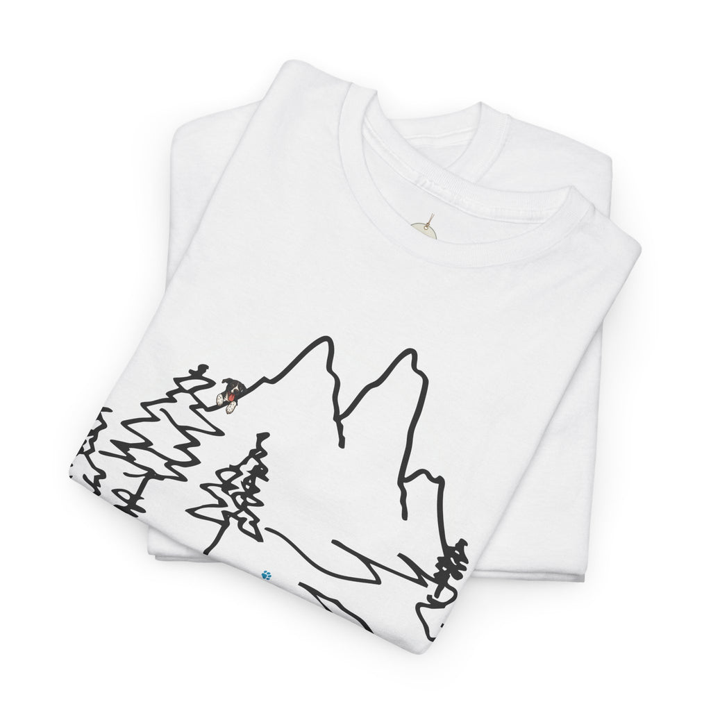Rainbow Bridge T‑Shirt — Minimal Line Art Nature Tee with 'Follow the Dog Prints' Design Psalms 121