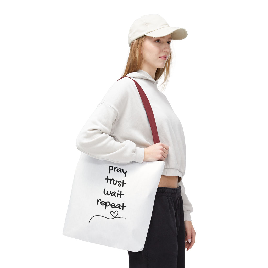 Pray Trust Wait Repeat Tote Bag — Inspirational Faith Canvas Tote