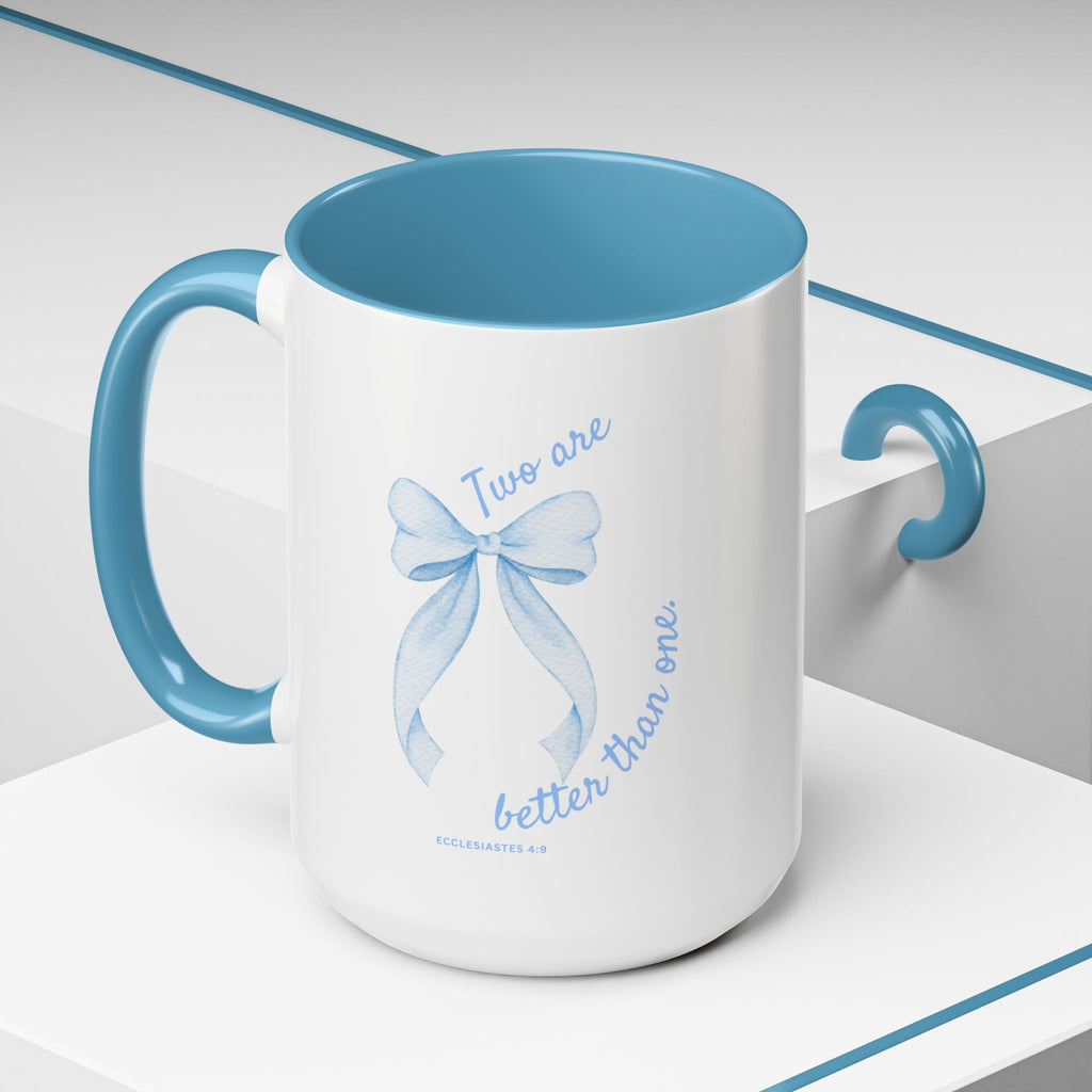 Accent Coffee Mug - "Two are better than one" Blue Ribbon Ceramic Mug Christian Wedding