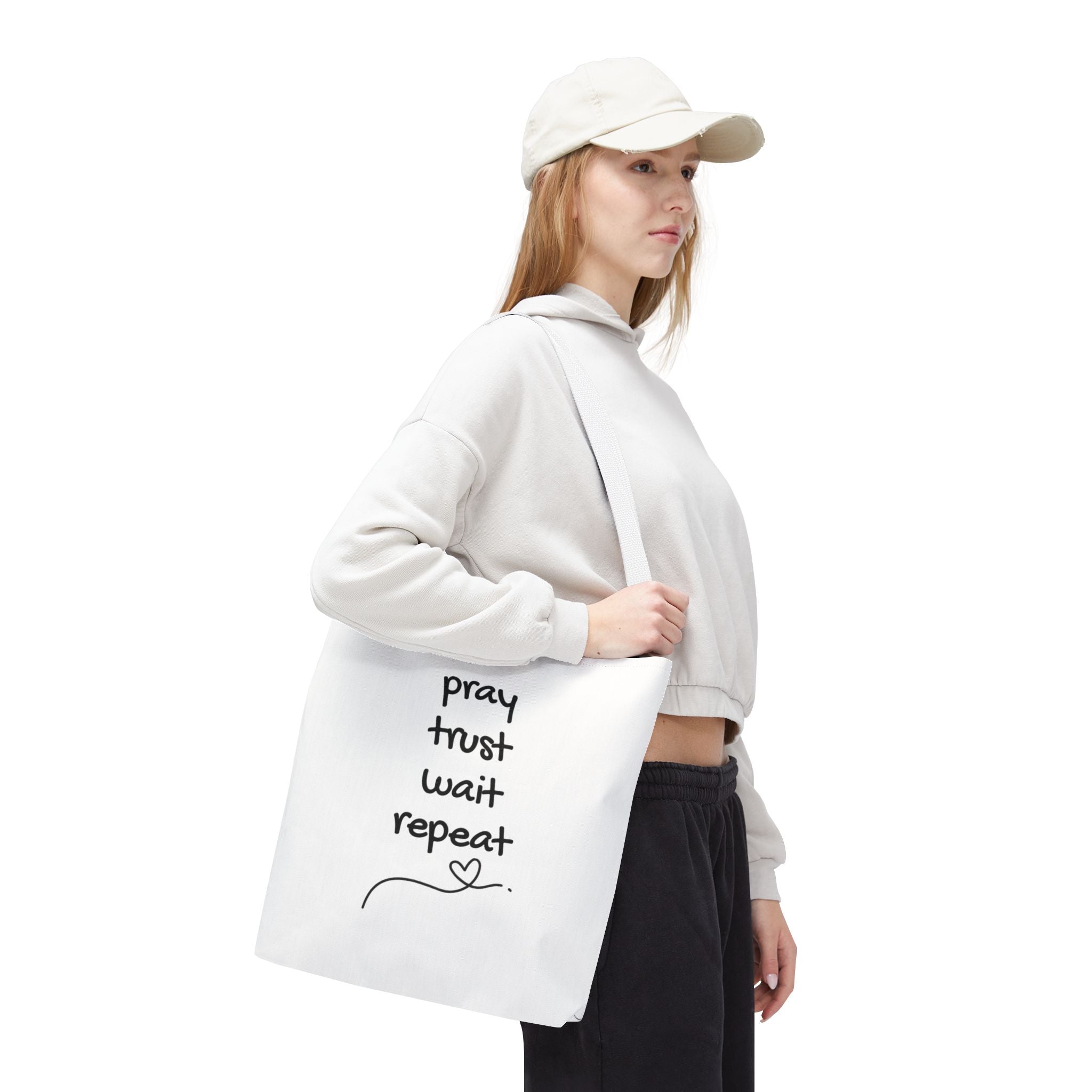 Pray Trust Wait Repeat Tote Bag — Inspirational Faith Canvas Tote