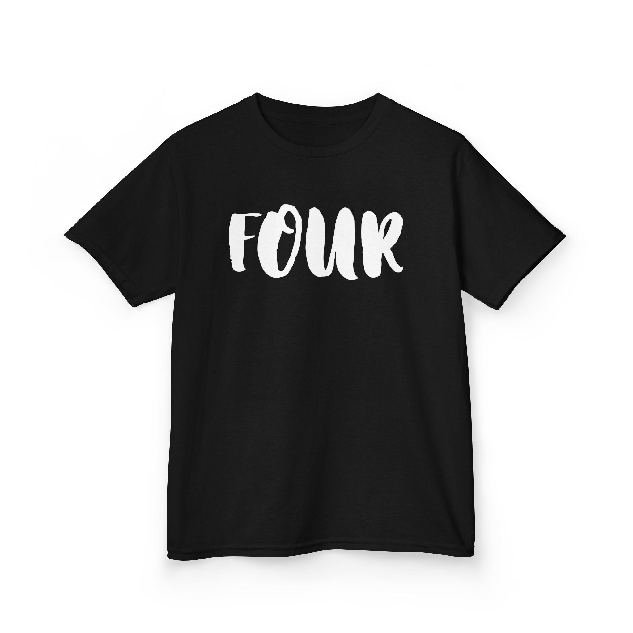 Kids 'Four' Birthday T‑Shirt — Fun Script Number Tee for 4-Year-Olds